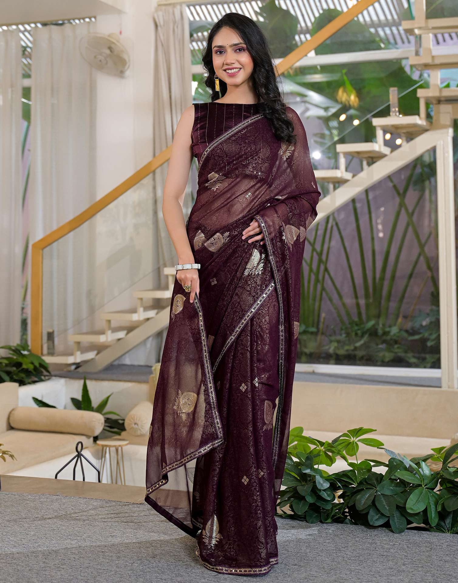 Wine Georgette Foil Printed Lace Saree - Image 7