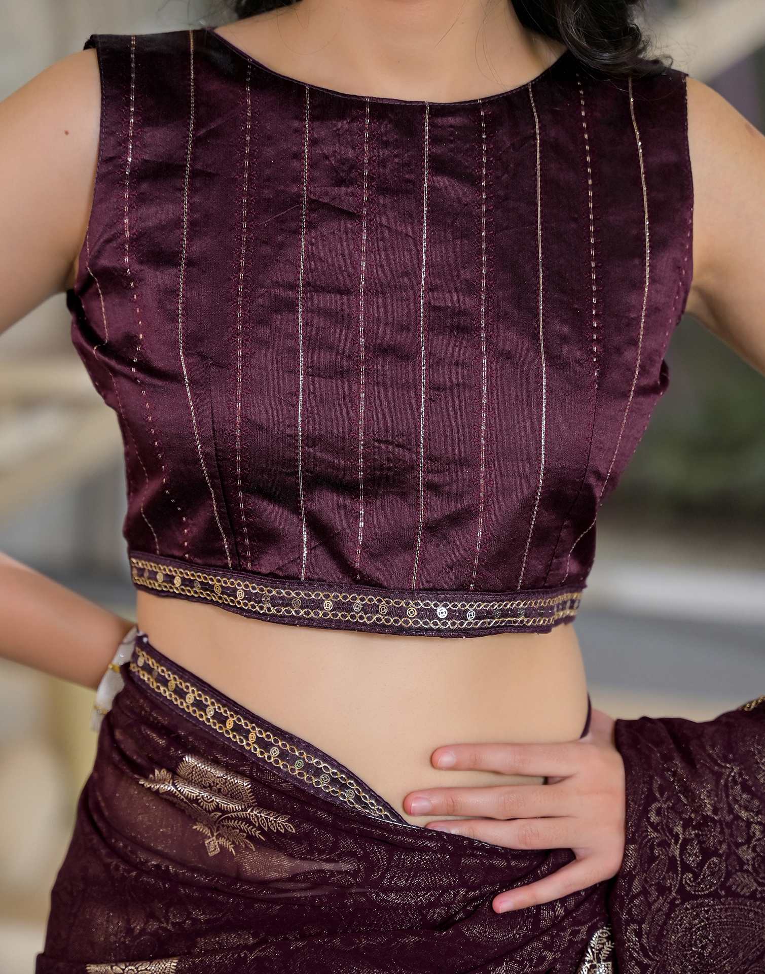 Wine Georgette Foil Printed Lace Saree - Image 9