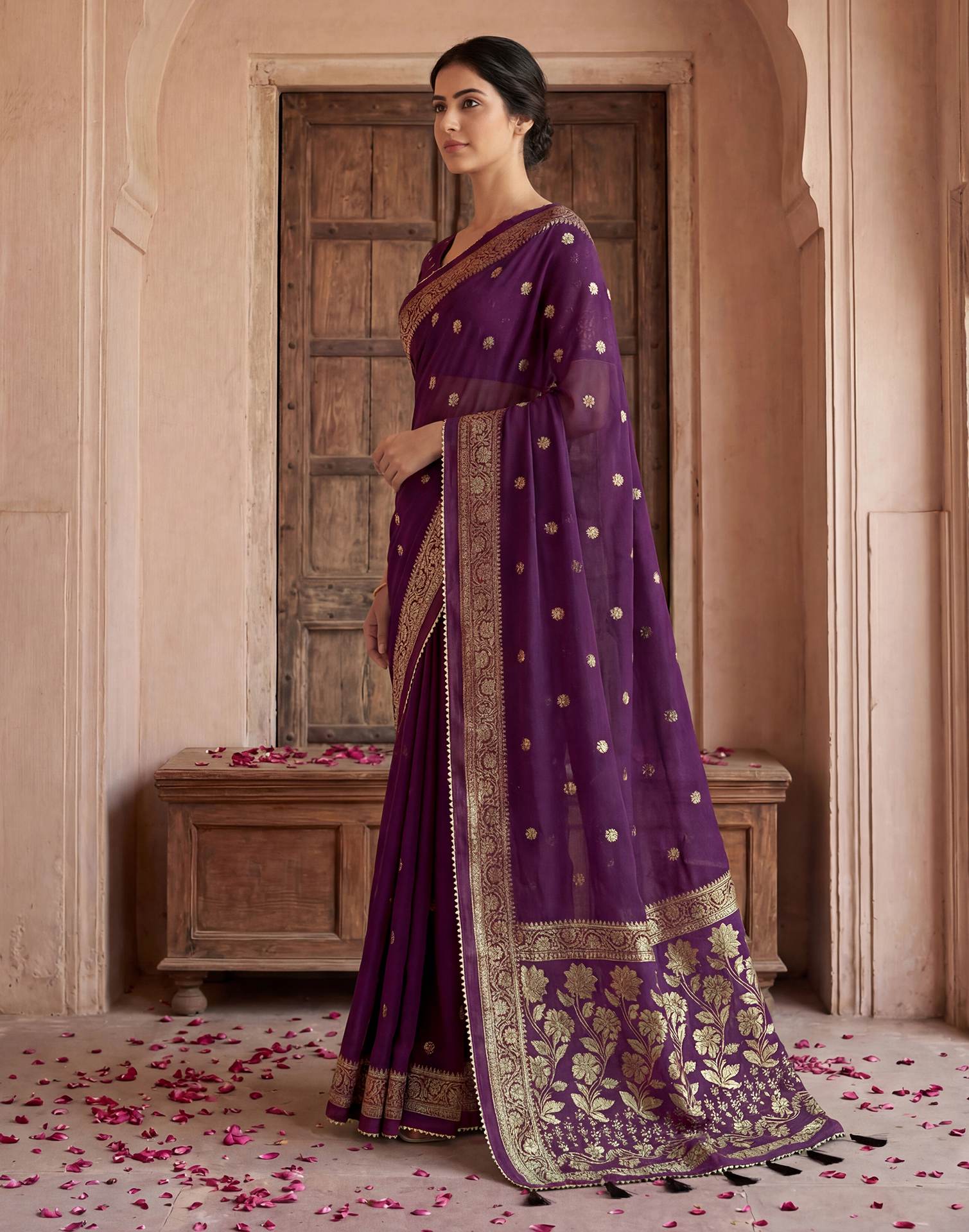 Wine Georgette Foil Printed Saree - Image 5
