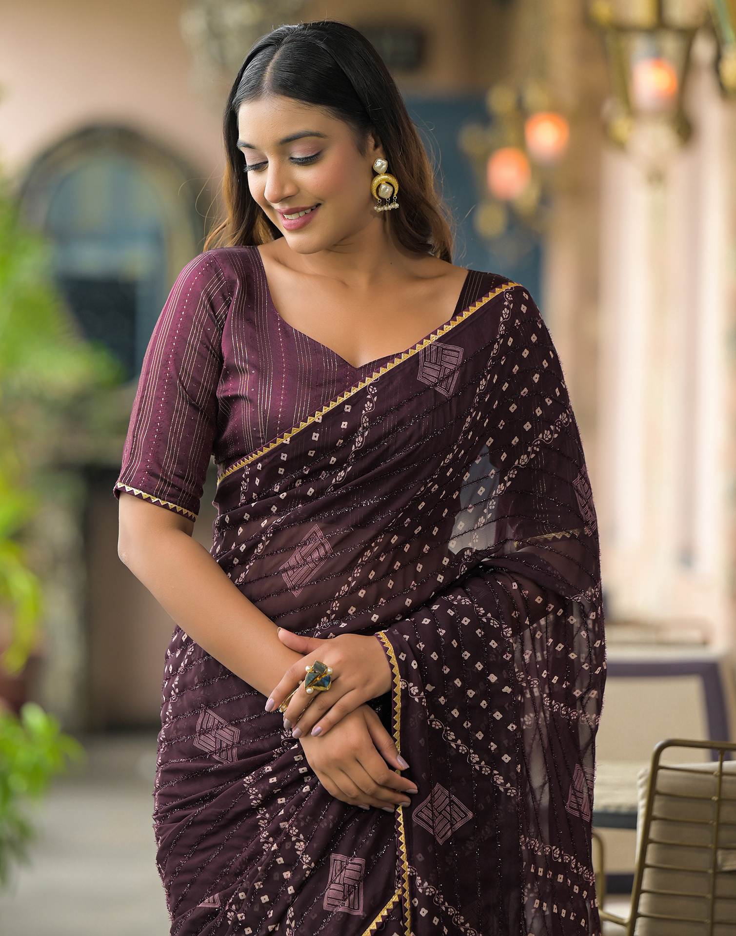 Wine Georgette Printed Bandhani Saree - Image 2