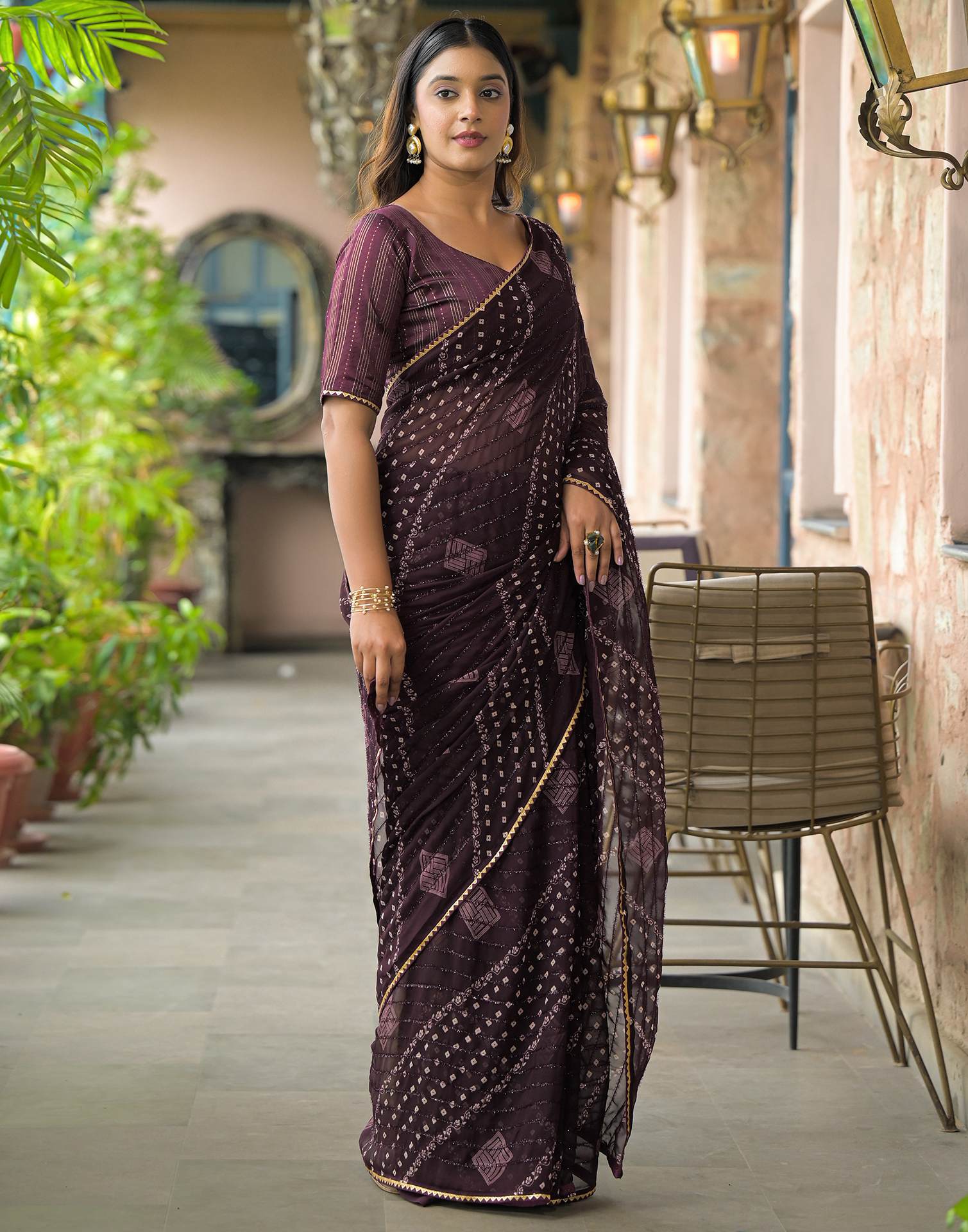 Wine Georgette Printed Bandhani Saree - Image 4