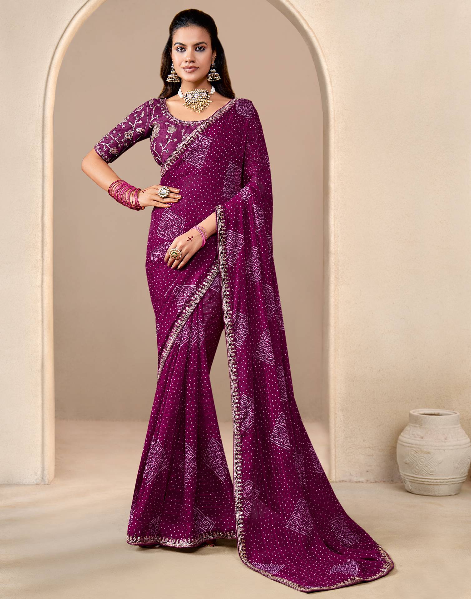 Wine Georgette Printed Bandhani Saree - Image 2