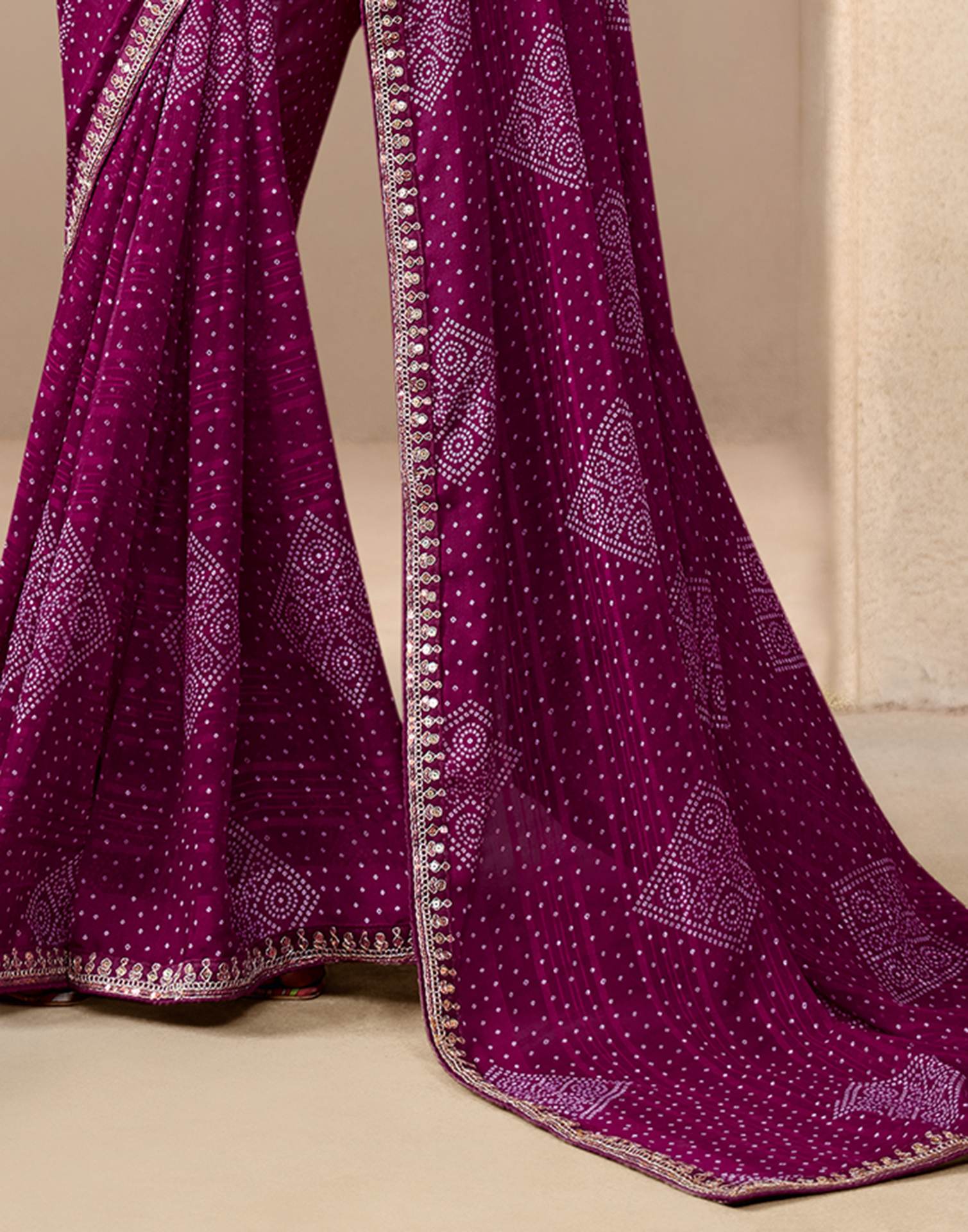 Wine Georgette Printed Bandhani Saree - Image 4