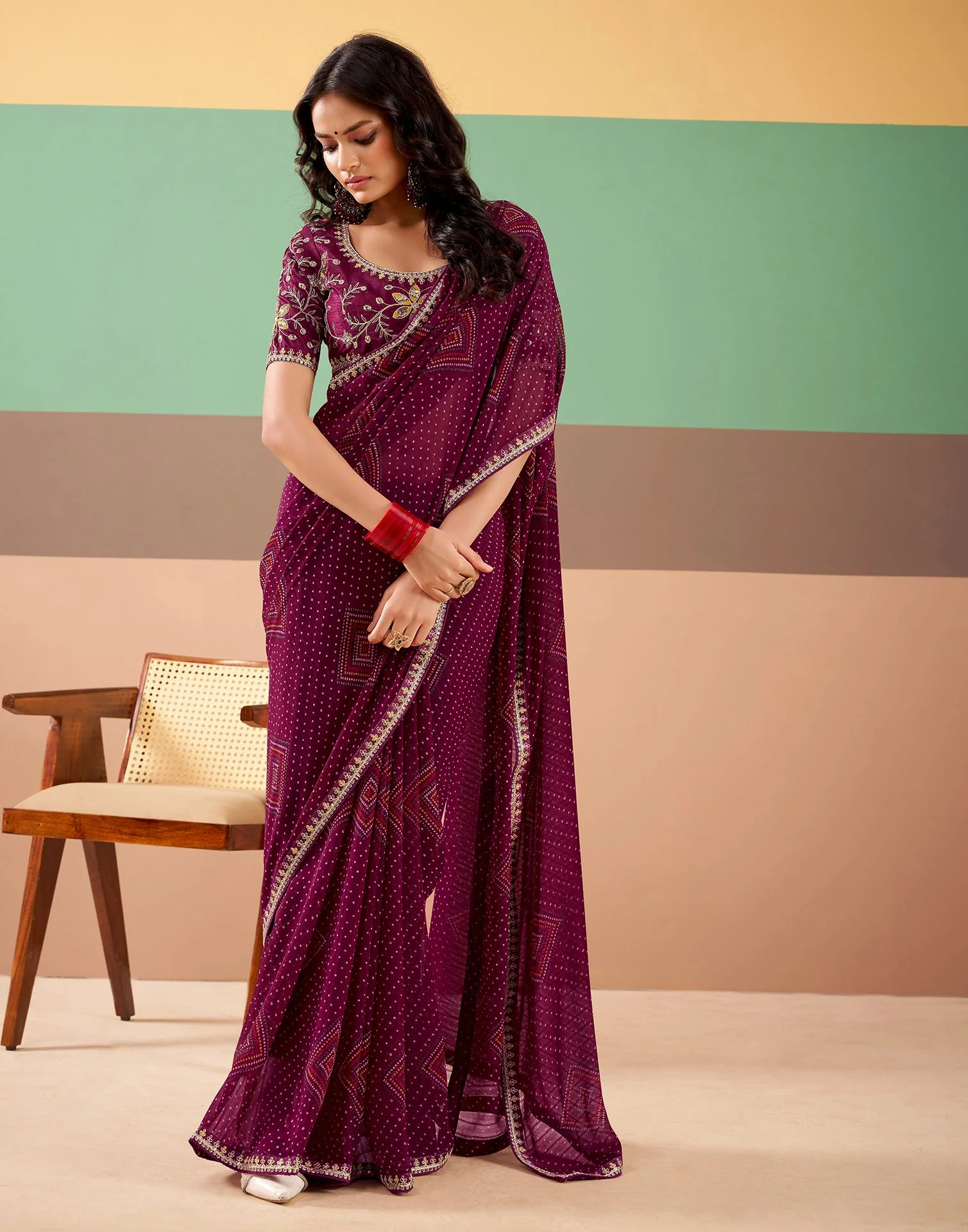 Wine Georgette Printed Bandhani Saree - Image 4