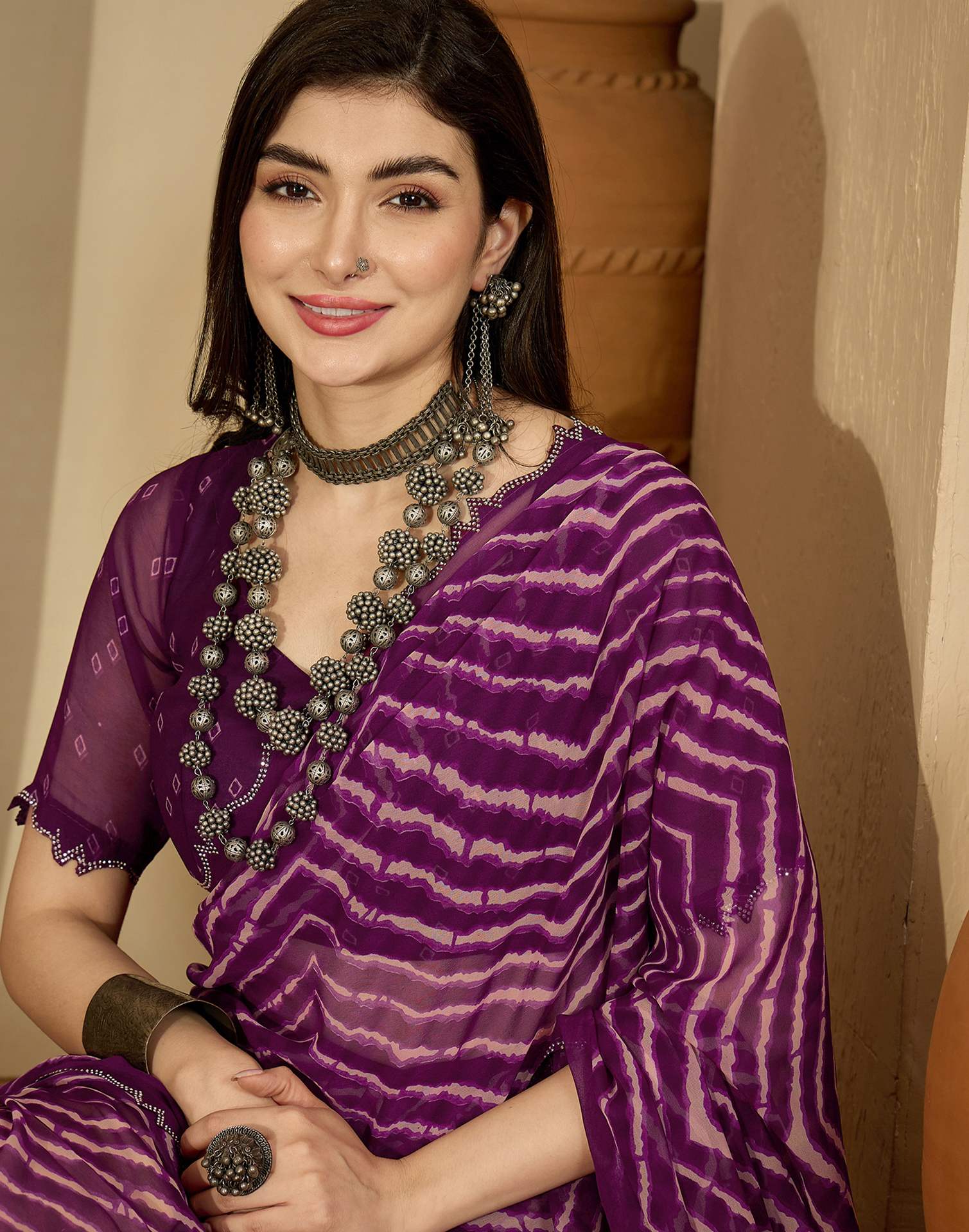 Wine Georgette Printed Laheriya Saree - Image 2