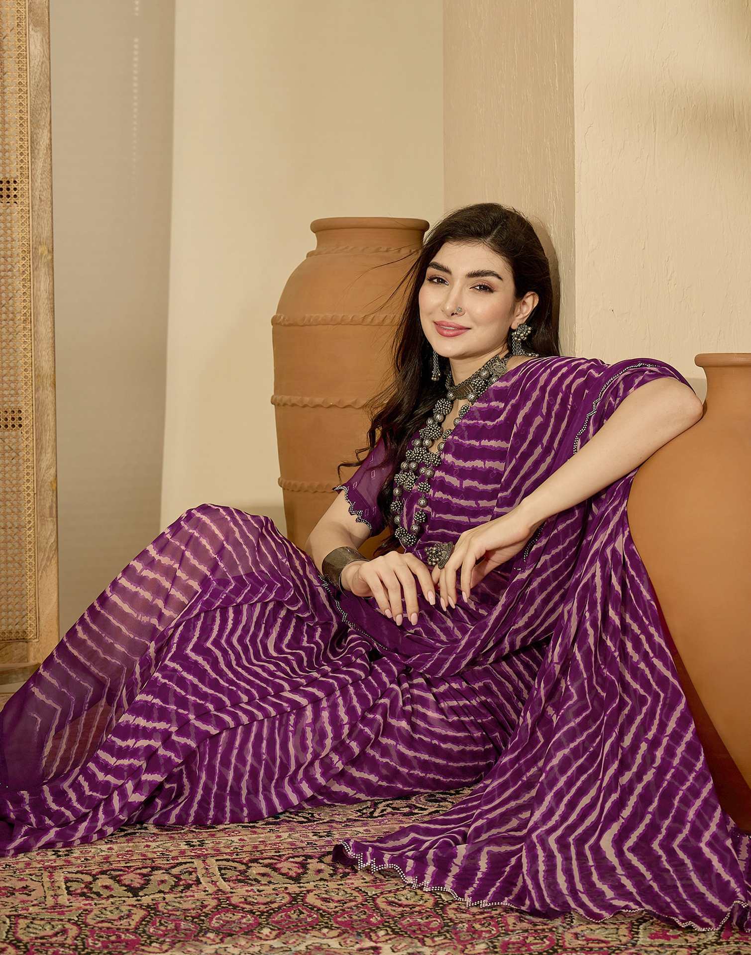 Wine Georgette Printed Laheriya Saree - Image 4