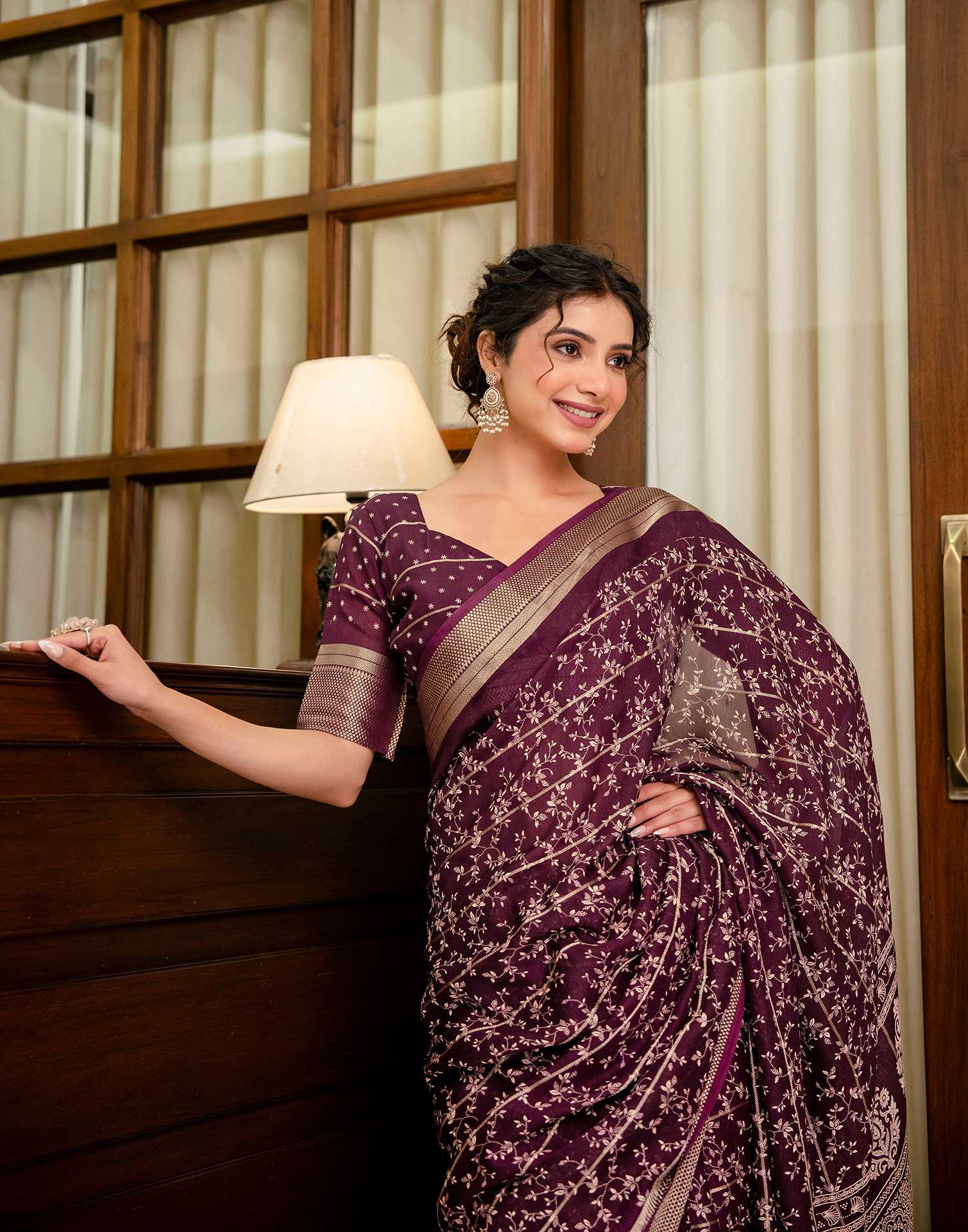 Wine Georgette Printed Zari Stripe SareeĀ - Image 2