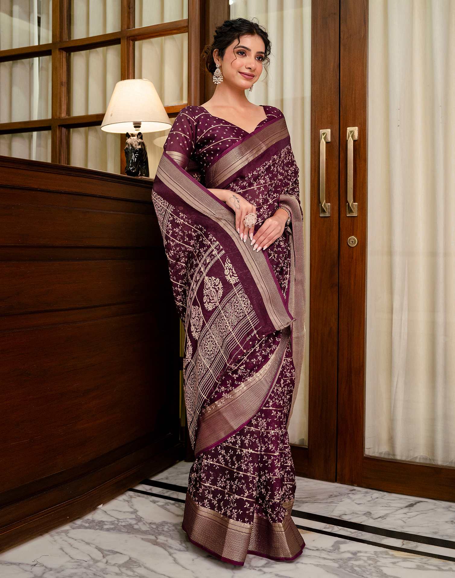 Wine Georgette Printed Zari Stripe SareeĀ - Image 6
