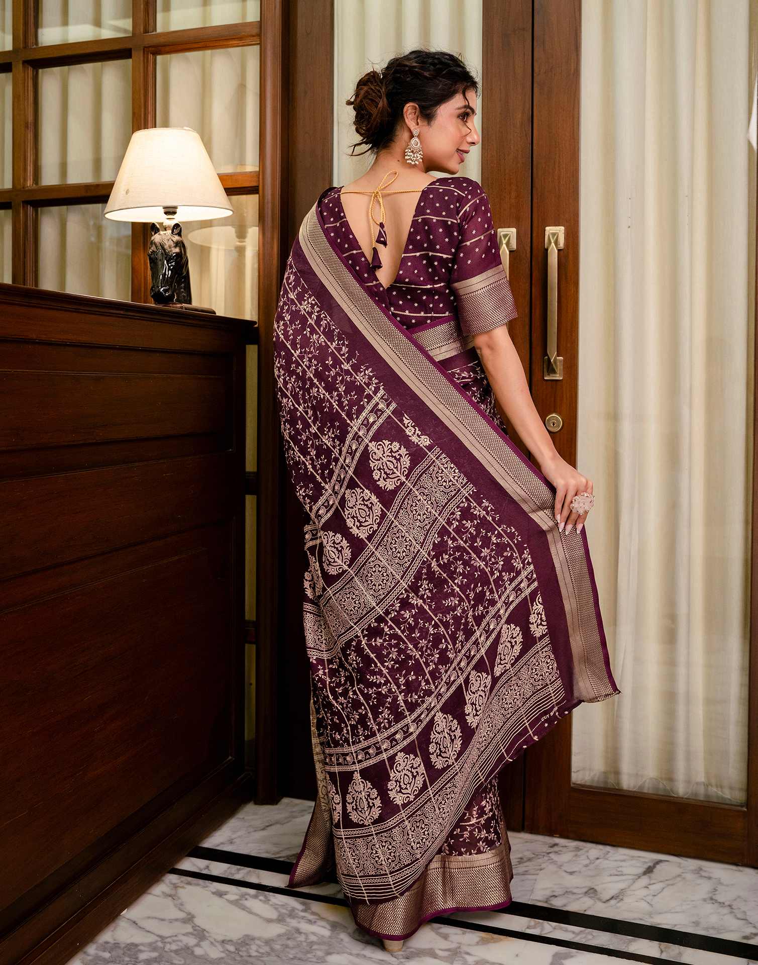 Wine Georgette Printed Zari Stripe SareeĀ - Image 7