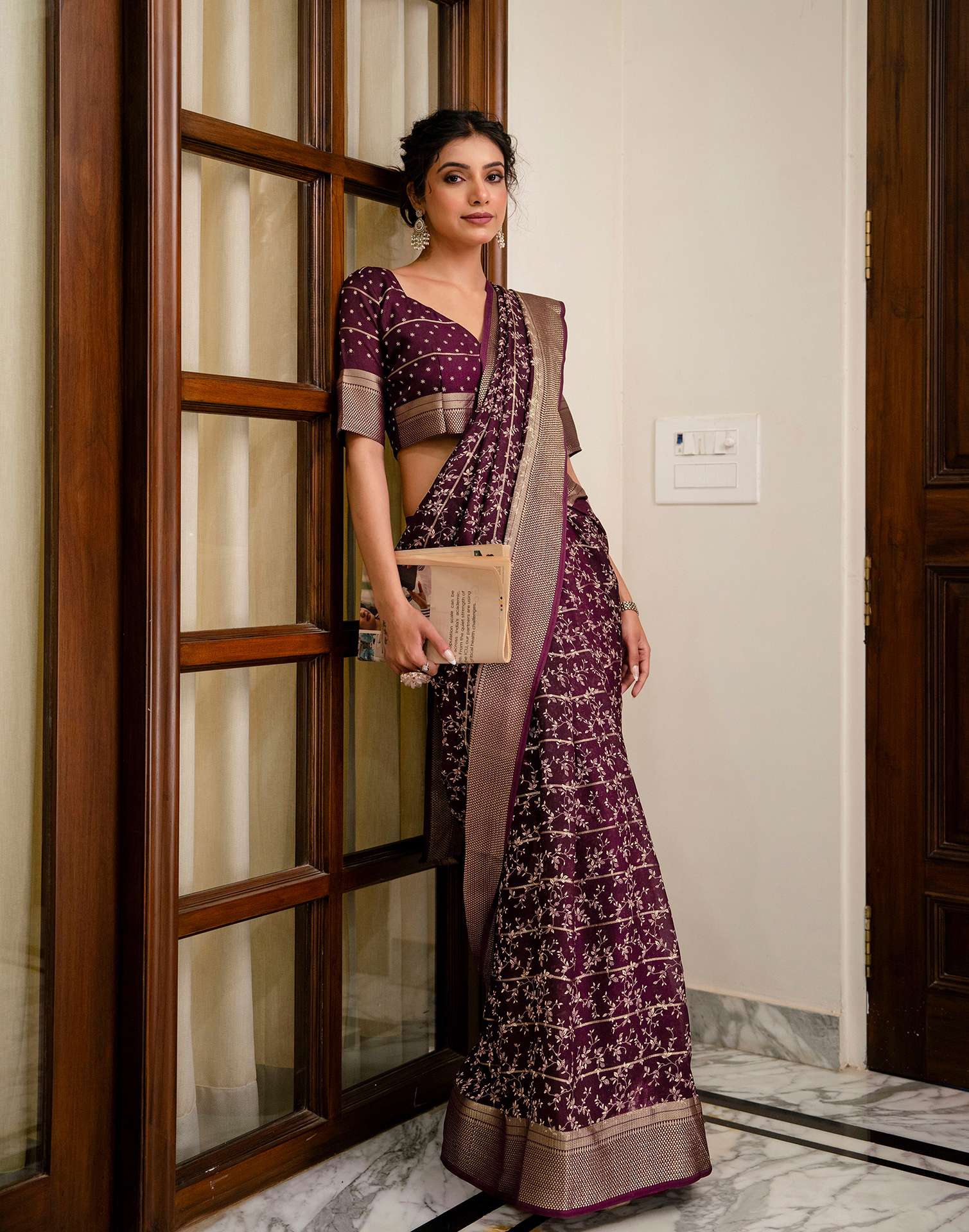 Wine Georgette Printed Zari Stripe SareeĀ - Image 8