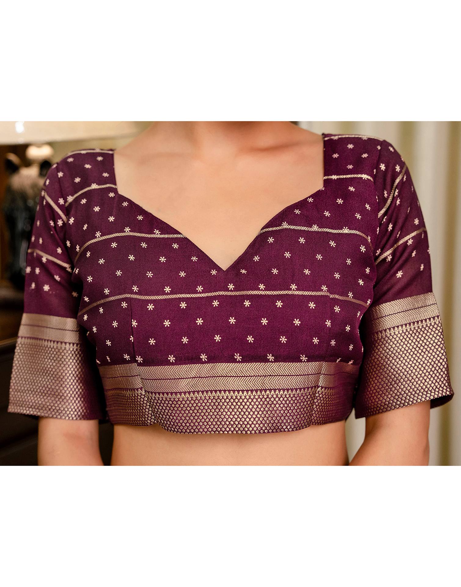 Wine Georgette Printed Zari Stripe SareeĀ - Image 9