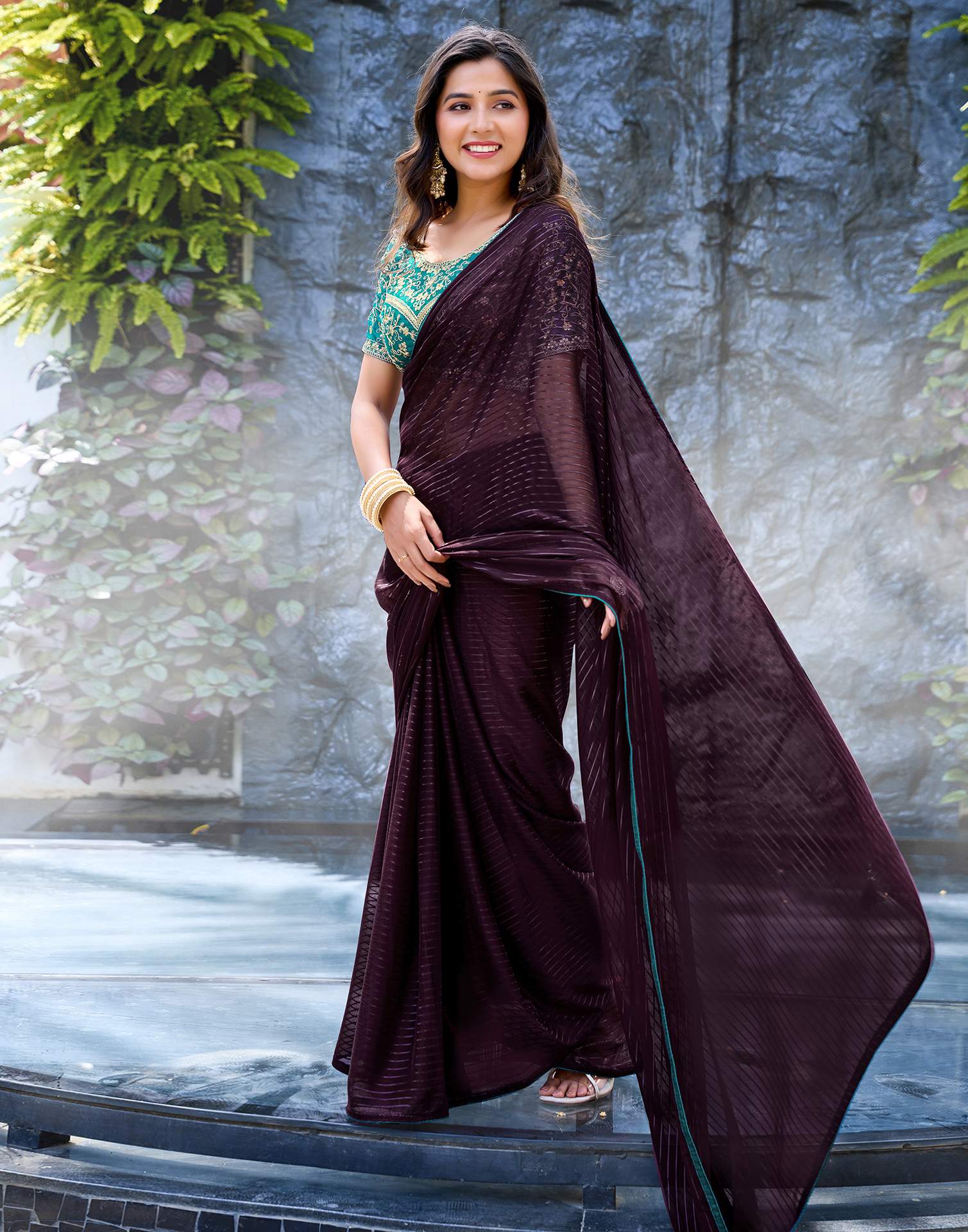 Wine Georgette Zari Stripe Saree - Image 5