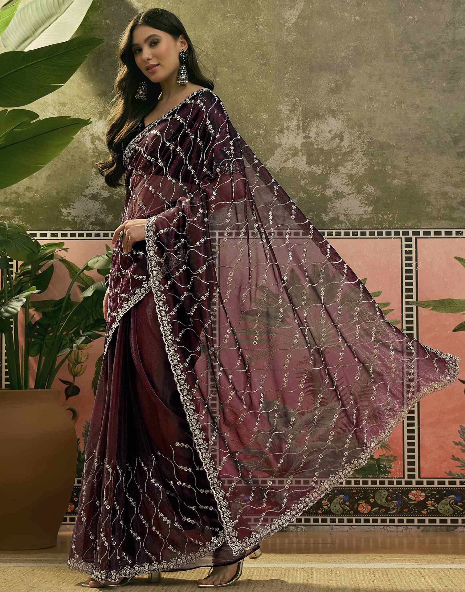 Wine Net Sequence Embroidery Saree - Image 5