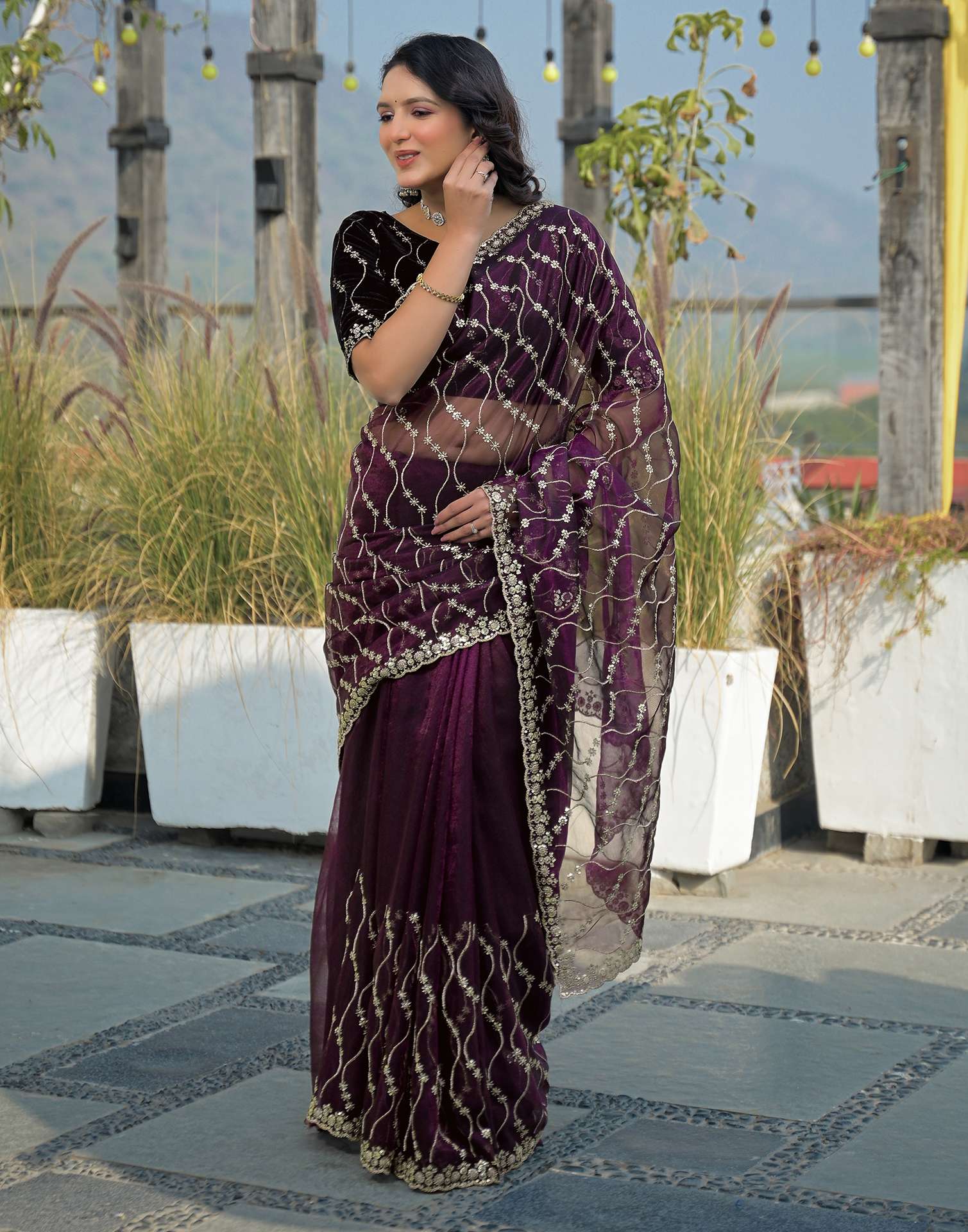Wine Net Sequence Embroidery Saree - Image 8
