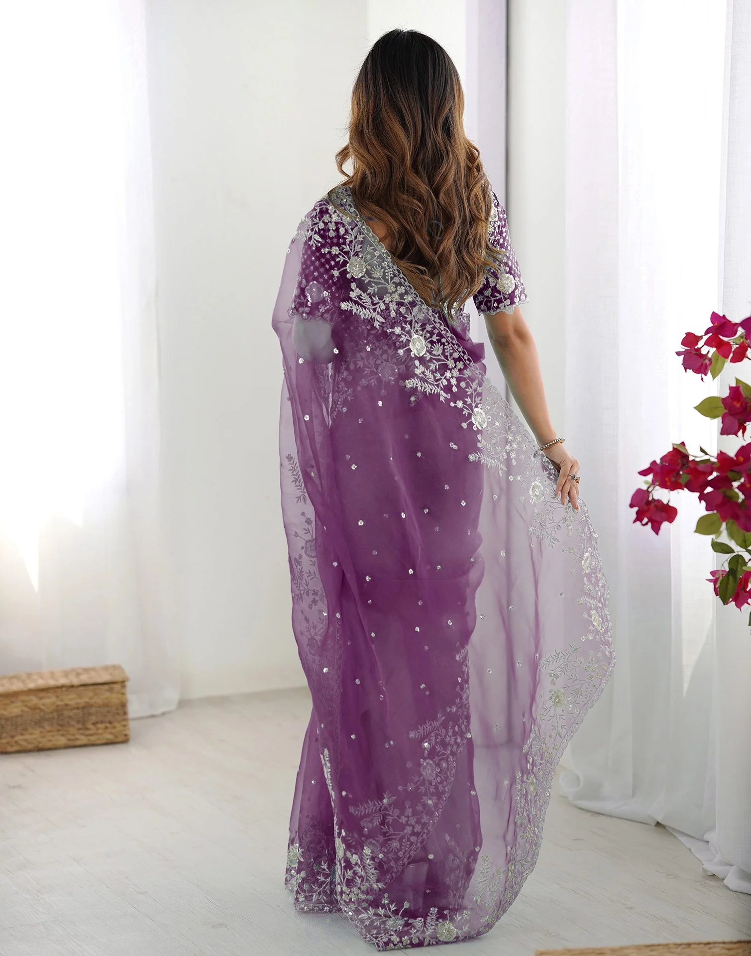 Wine Organza Embroidery Lace Saree - Image 5