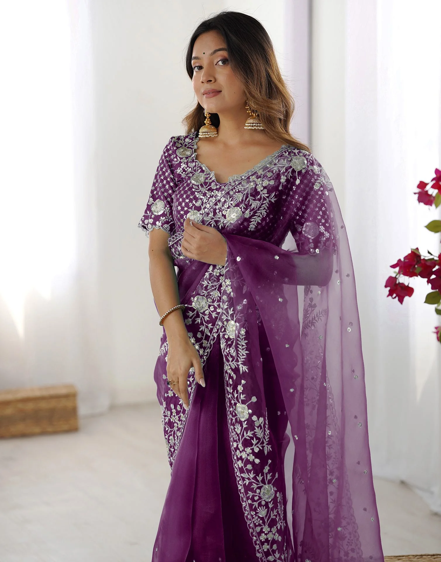 Wine Organza Embroidery Lace Saree - Image 6