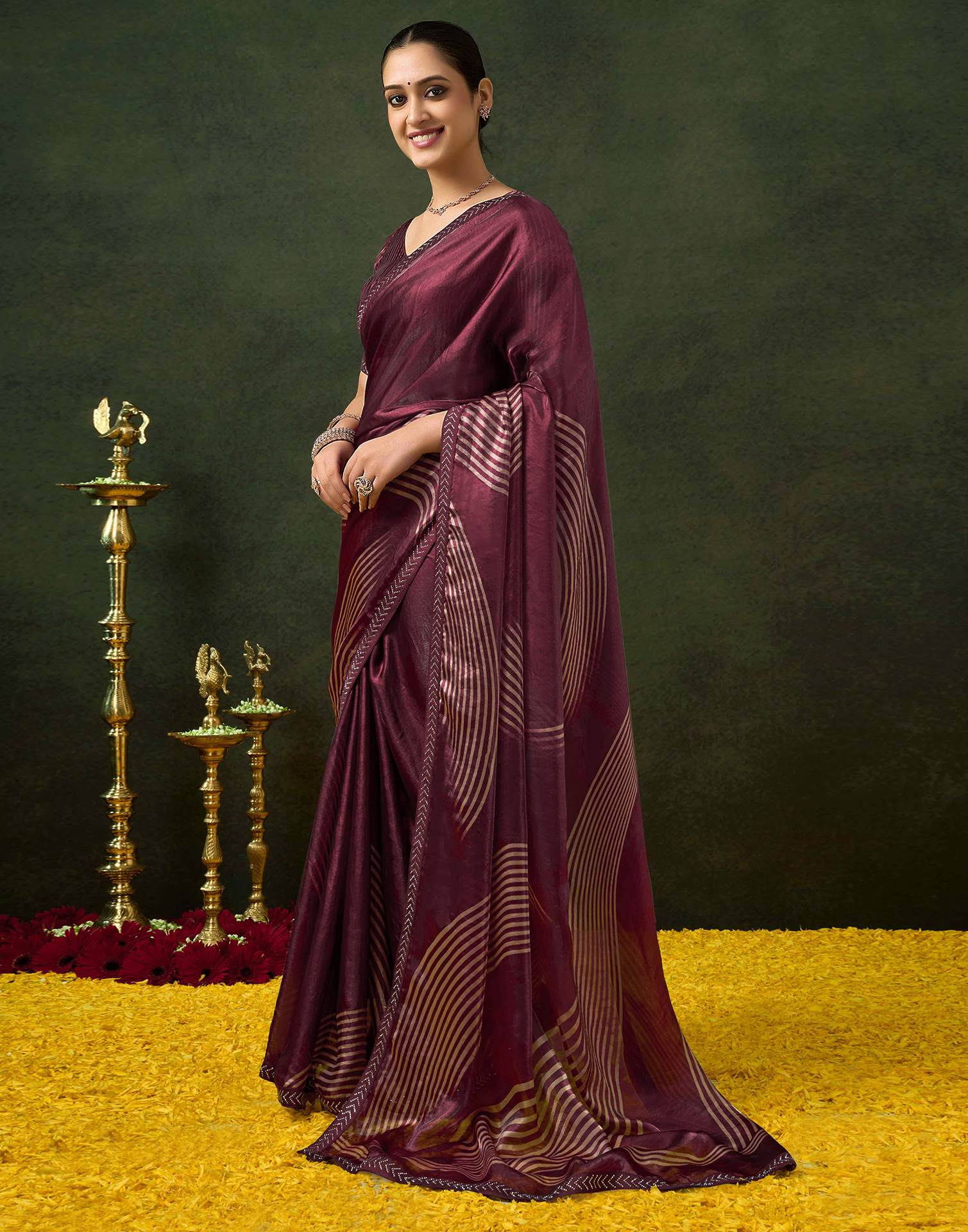 Wine Organza Printed Swarovski Saree - Image 4