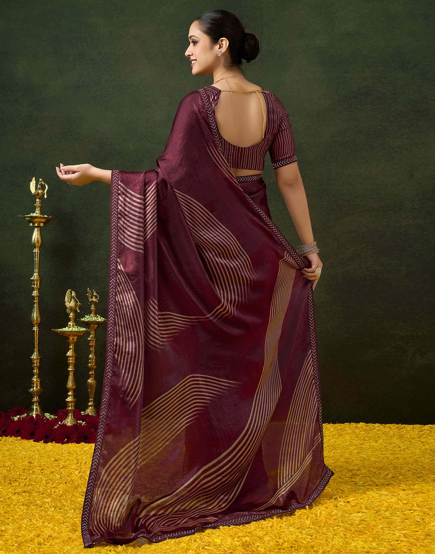 Wine Organza Printed Swarovski Saree - Image 6