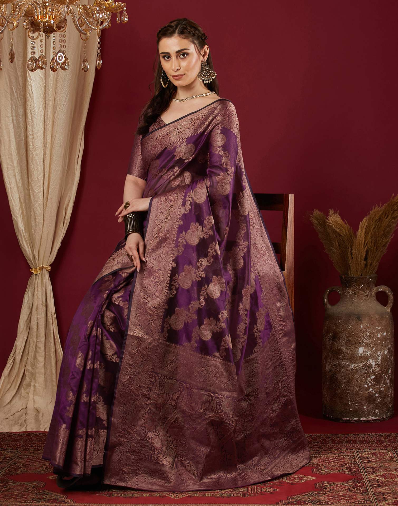 Wine Organza Woven Banarasi Saree - Image 2