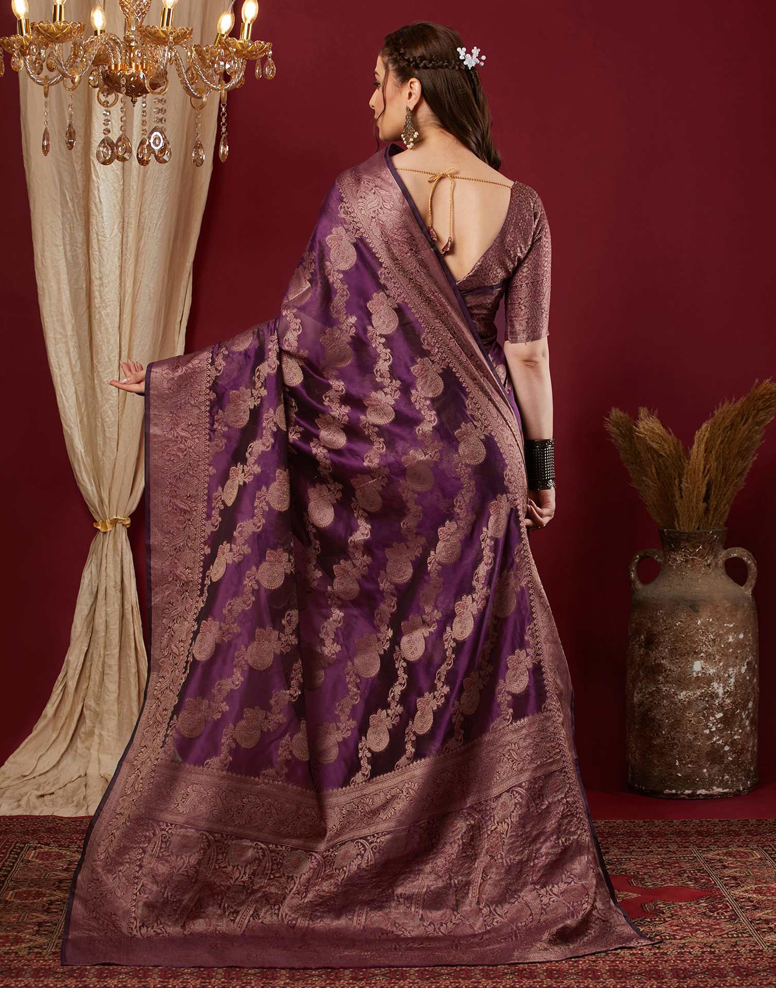 Wine Organza Woven Banarasi Saree - Image 5