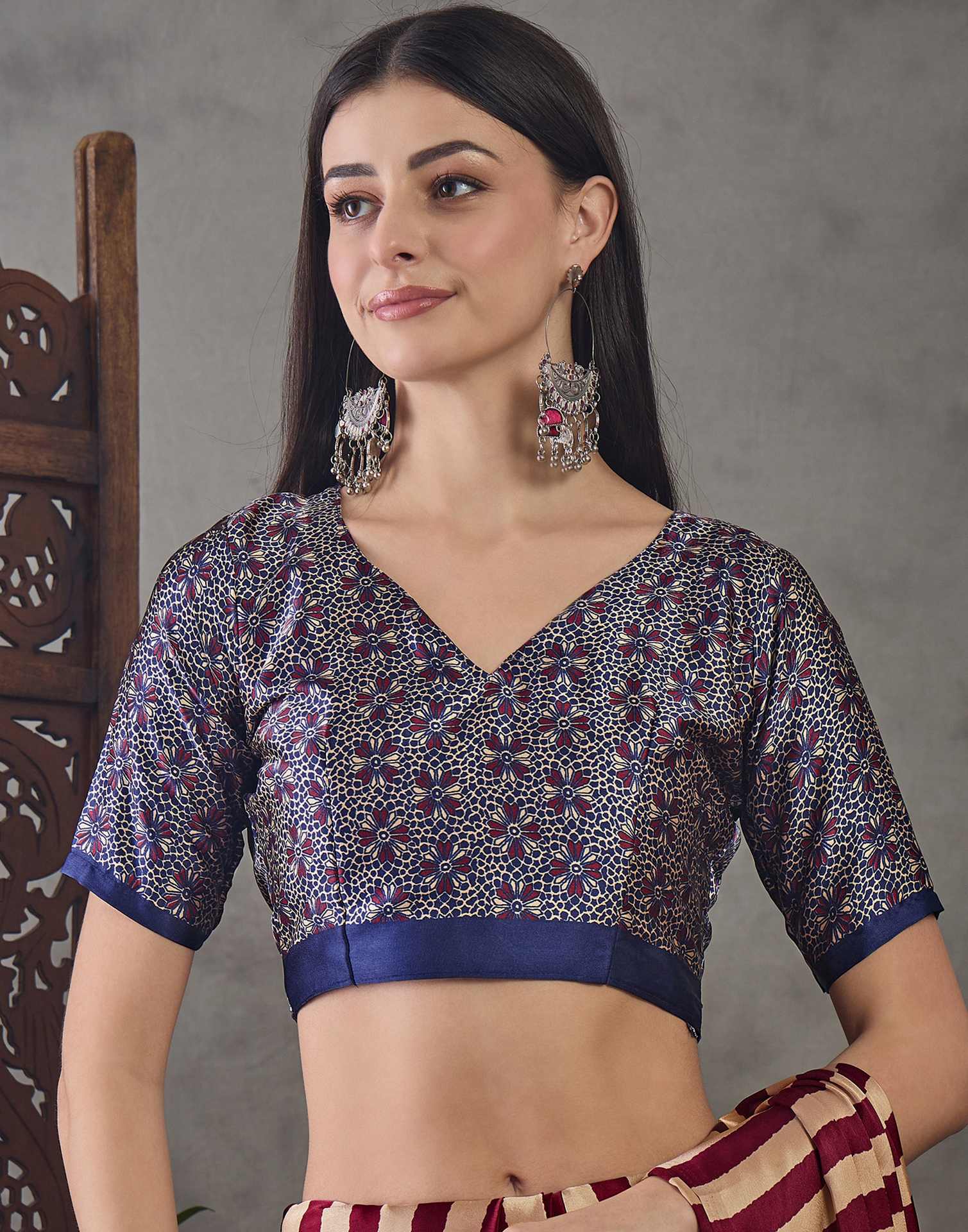 Wine Satin Printed Saree - Image 11