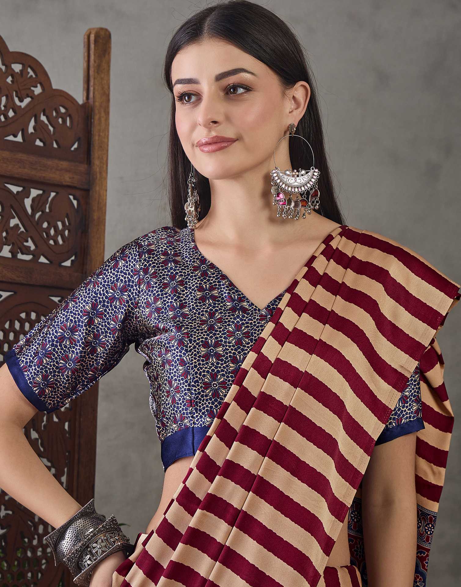 Wine Satin Printed Saree - Image 2