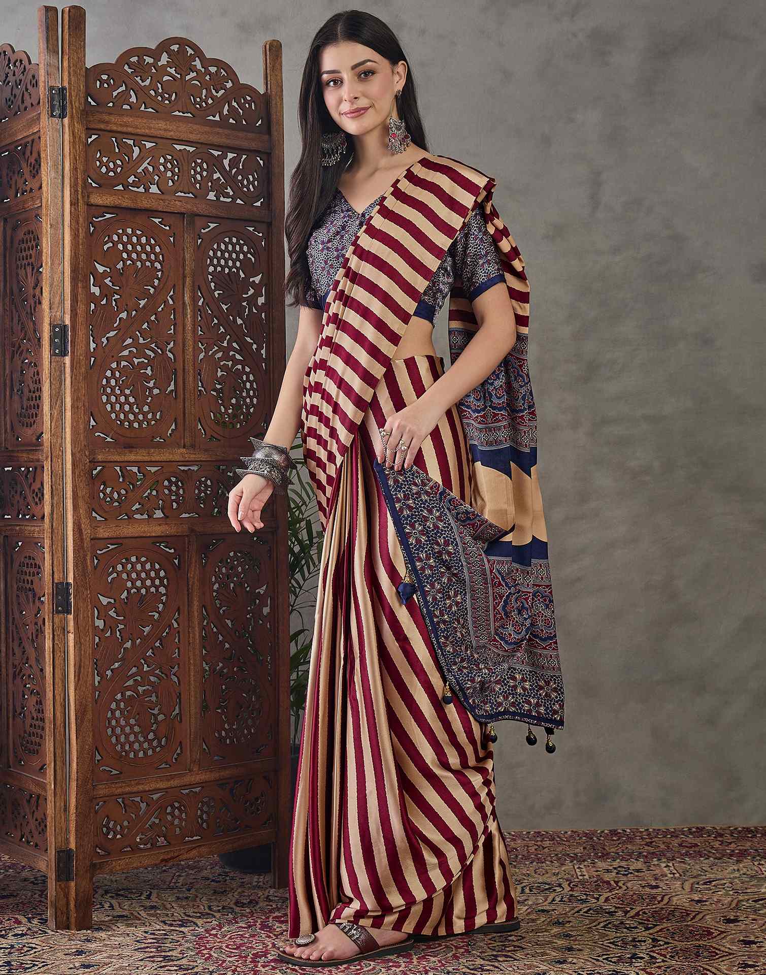 Wine Satin Printed Saree - Image 4