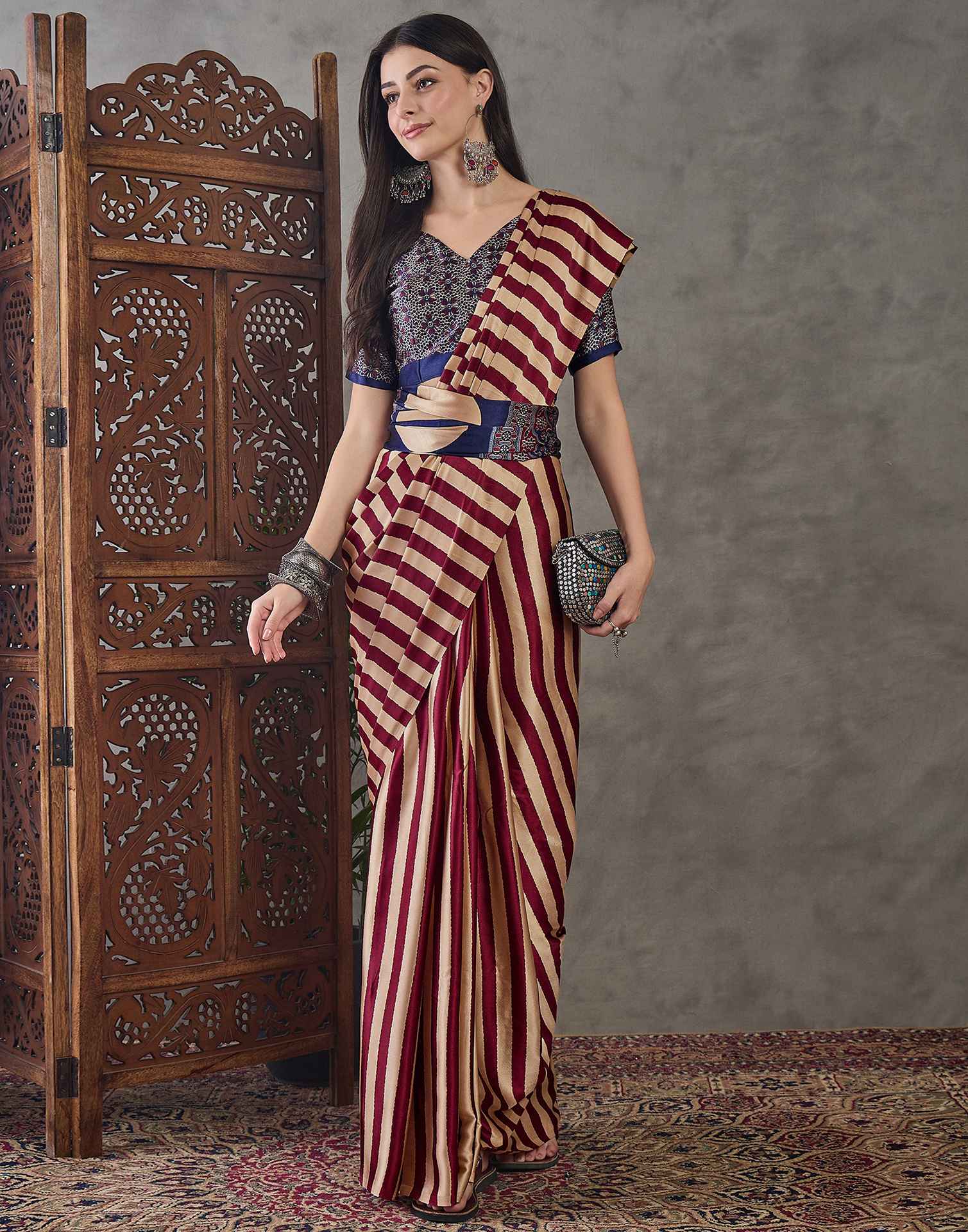 Wine Satin Printed Saree - Image 5