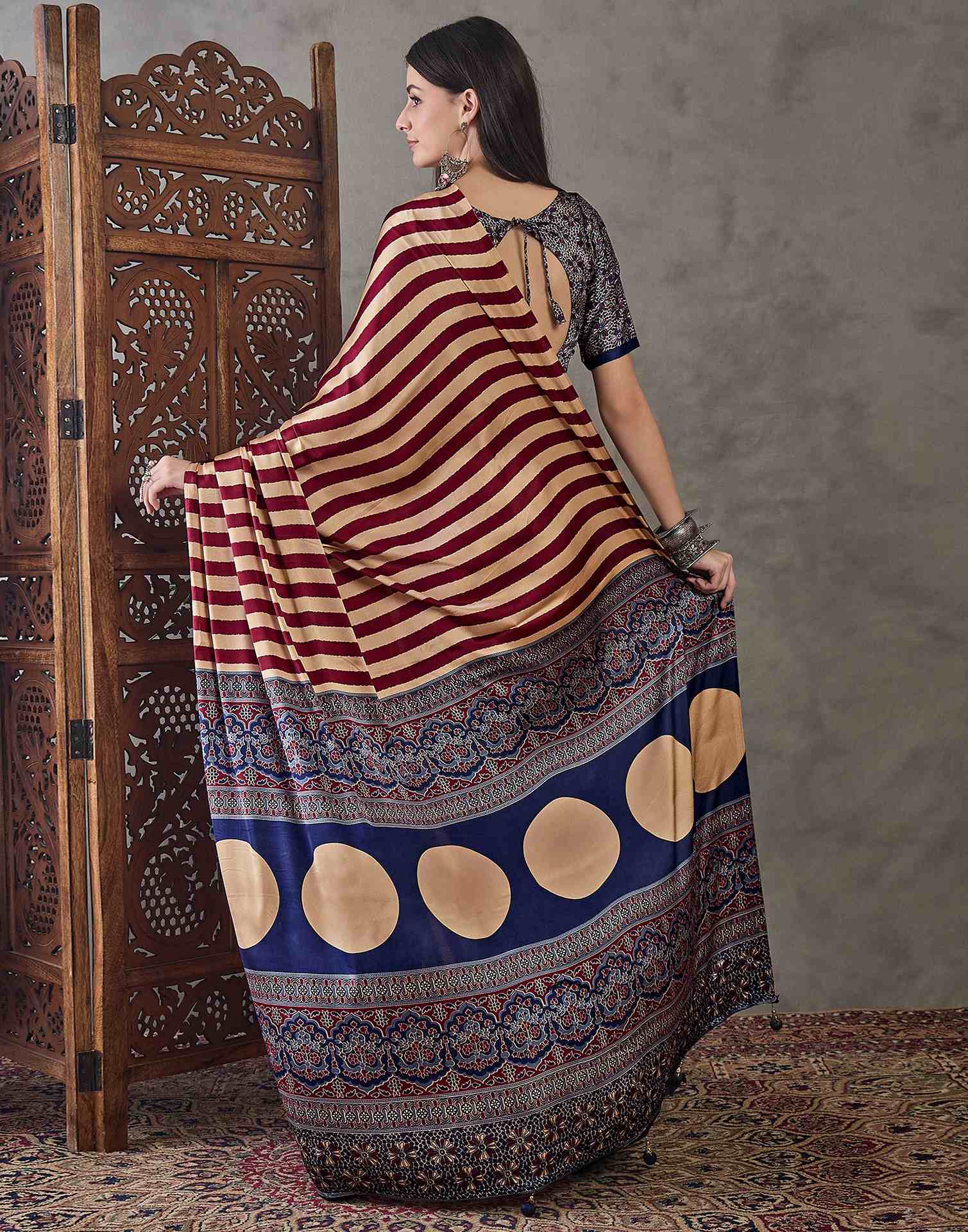 Wine Satin Printed Saree - Image 6