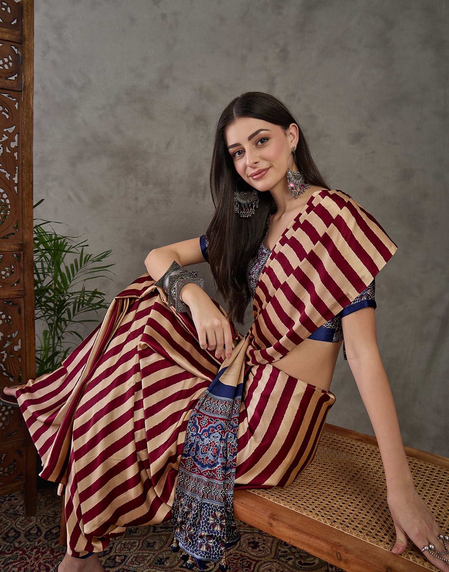 Wine Satin Printed Saree - Image 7