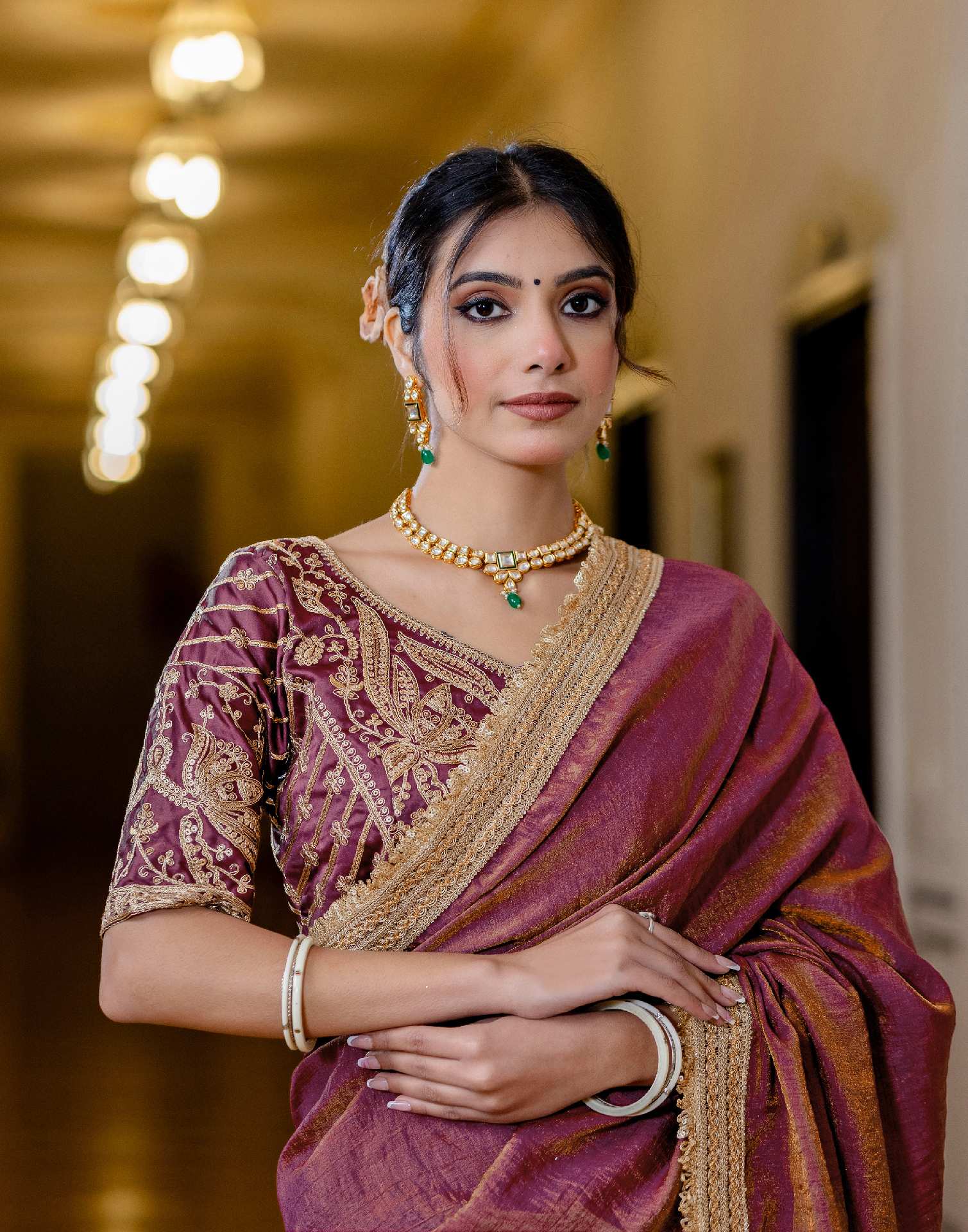 Wine Shimmer Chiffon Lace Saree - Image 4