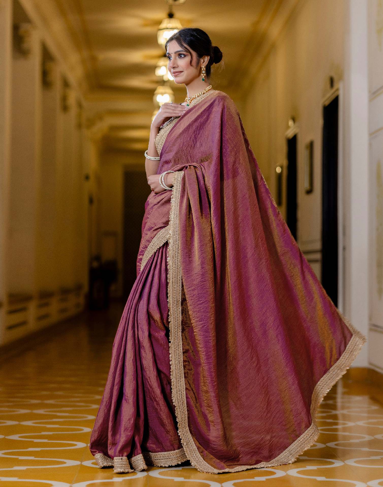 Wine Shimmer Chiffon Lace Saree - Image 5