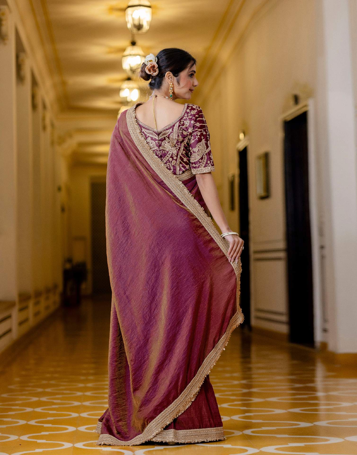 Wine Shimmer Chiffon Lace Saree - Image 7