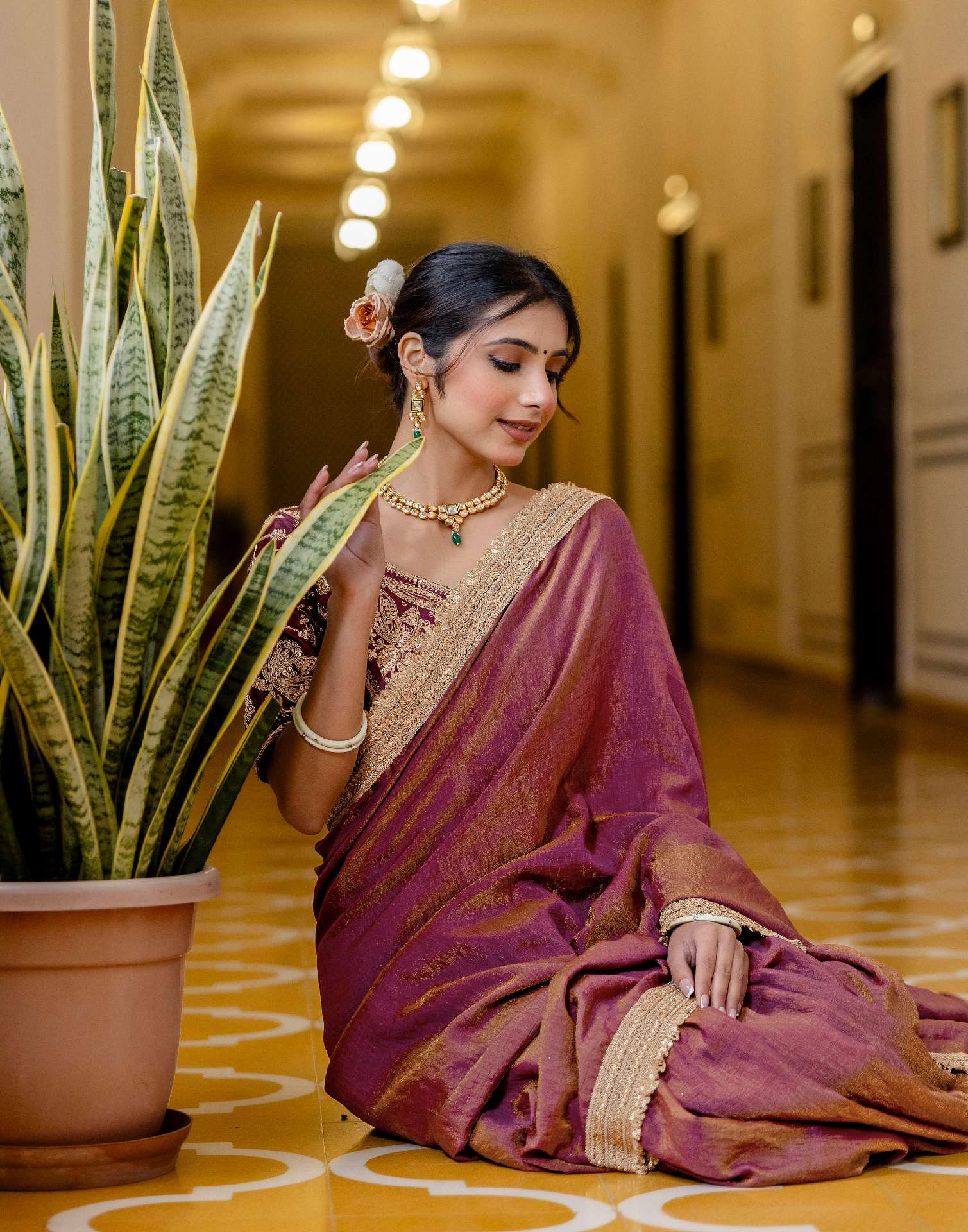 Wine Shimmer Chiffon Lace Saree - Image 8