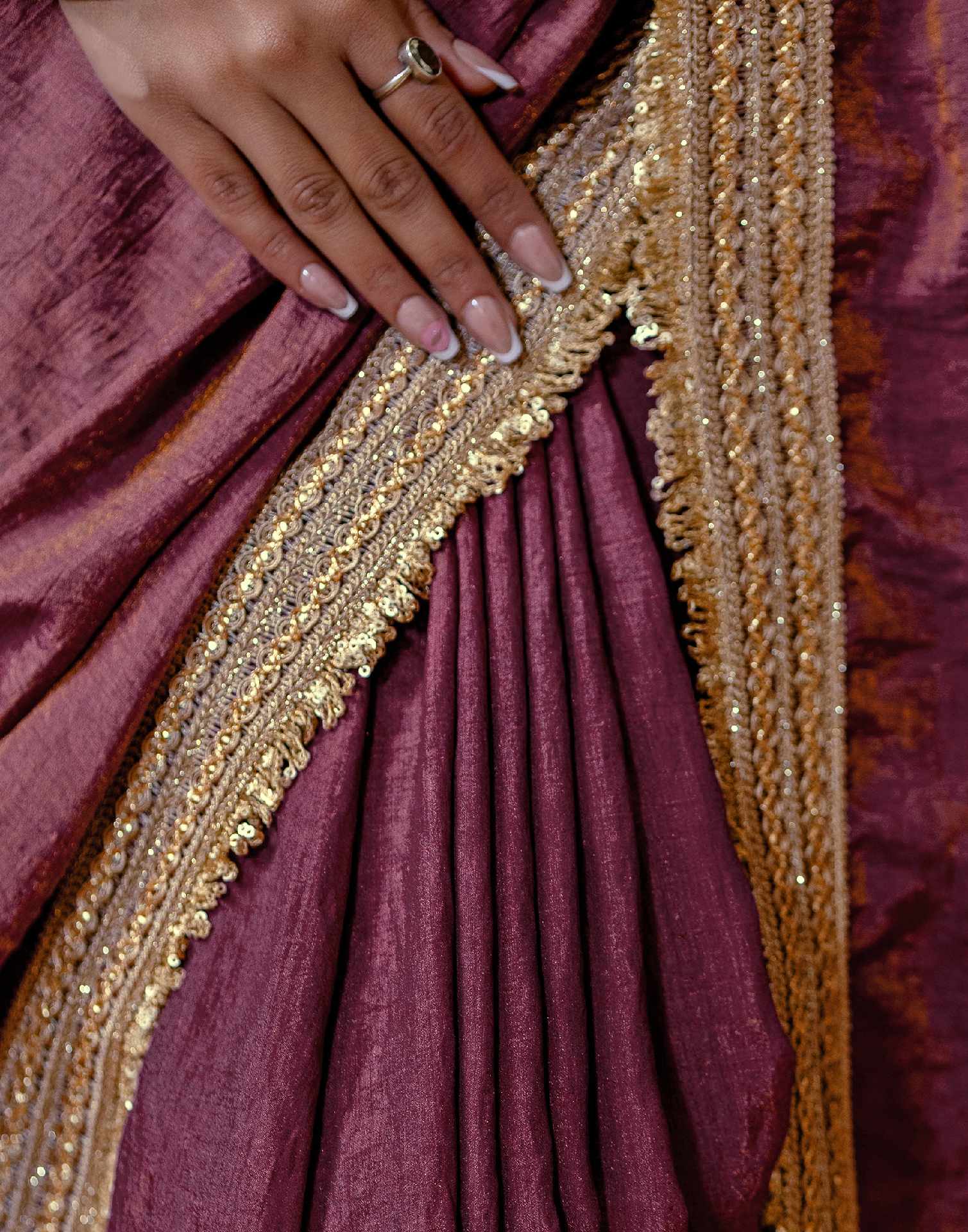 Wine Shimmer Chiffon Lace Saree - Image 9