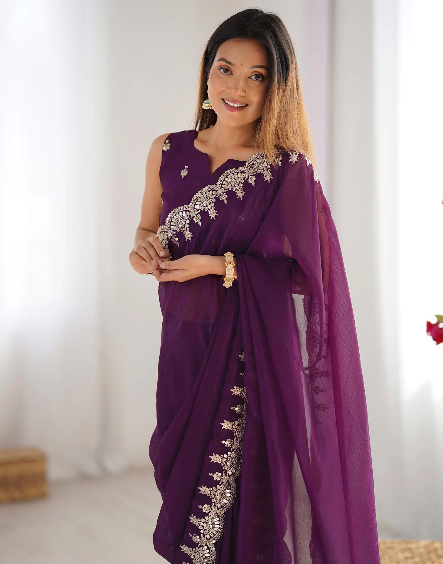 Wine Shimmer Chiffon Sequence Embroidery Saree - Image 4