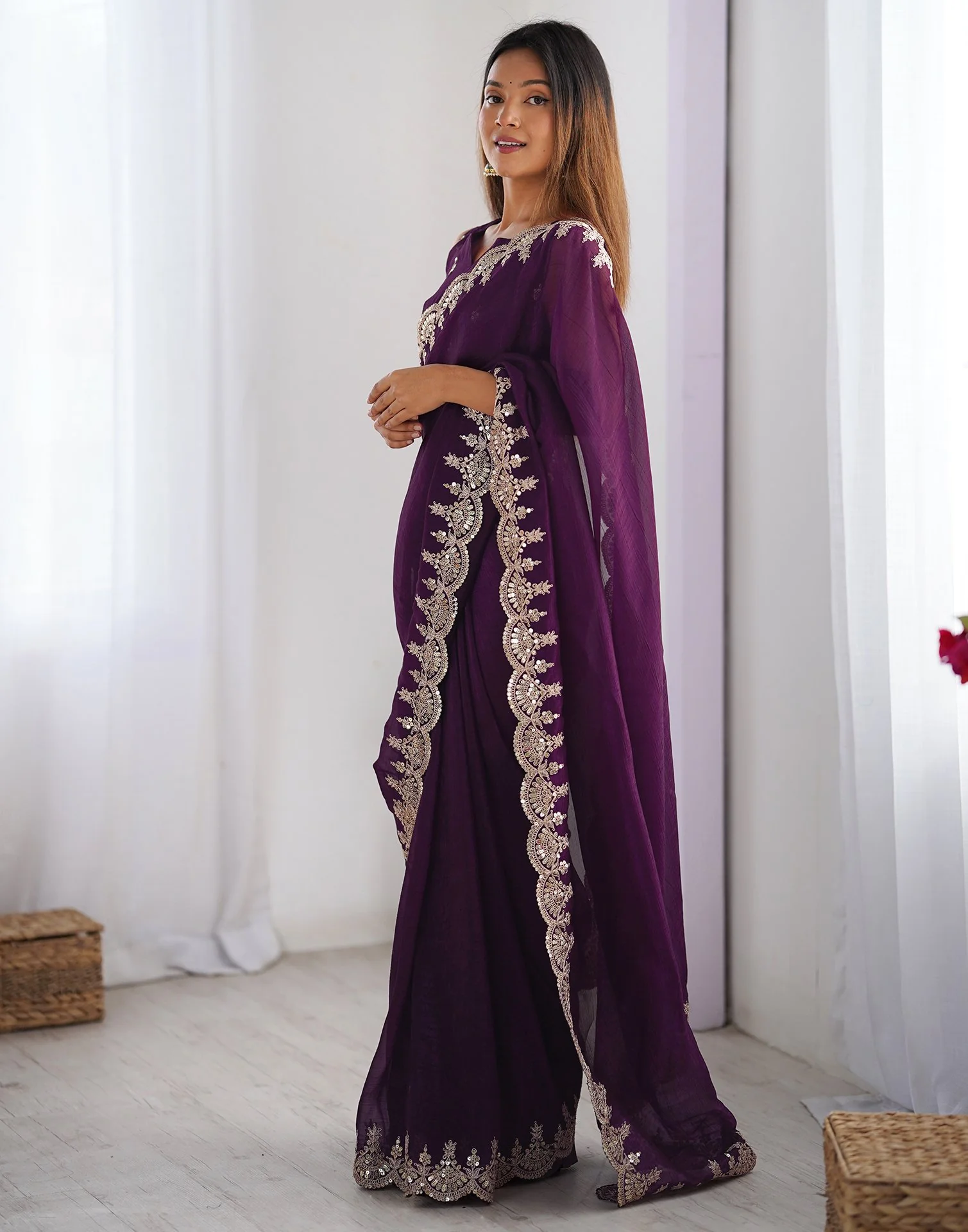 Wine Shimmer Chiffon Sequence Embroidery Saree - Image 5