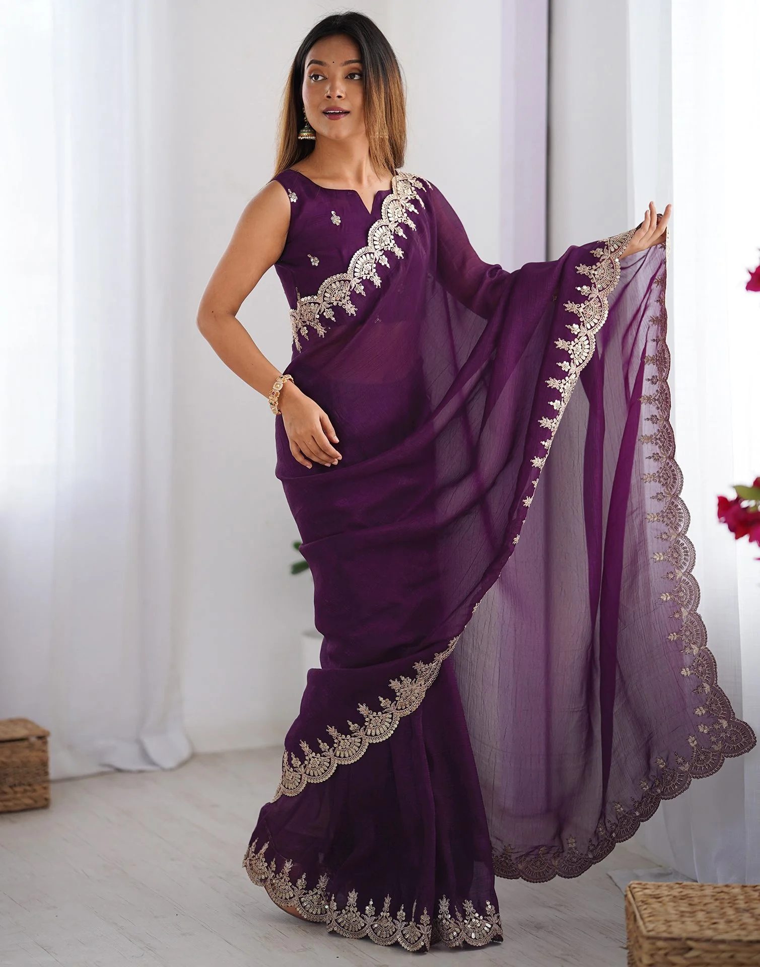 Wine Shimmer Chiffon Sequence Embroidery Saree - Image 6