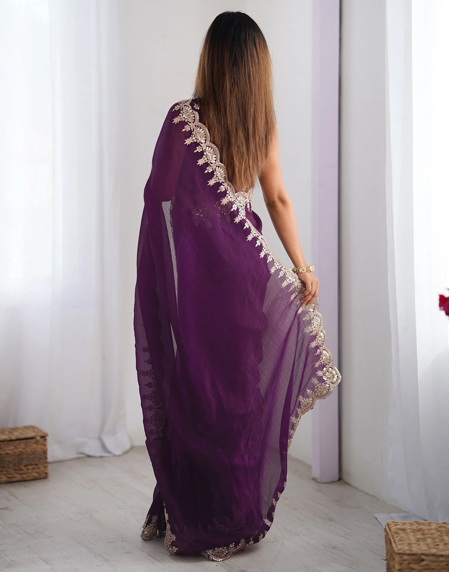 Wine Shimmer Chiffon Sequence Embroidery Saree - Image 7