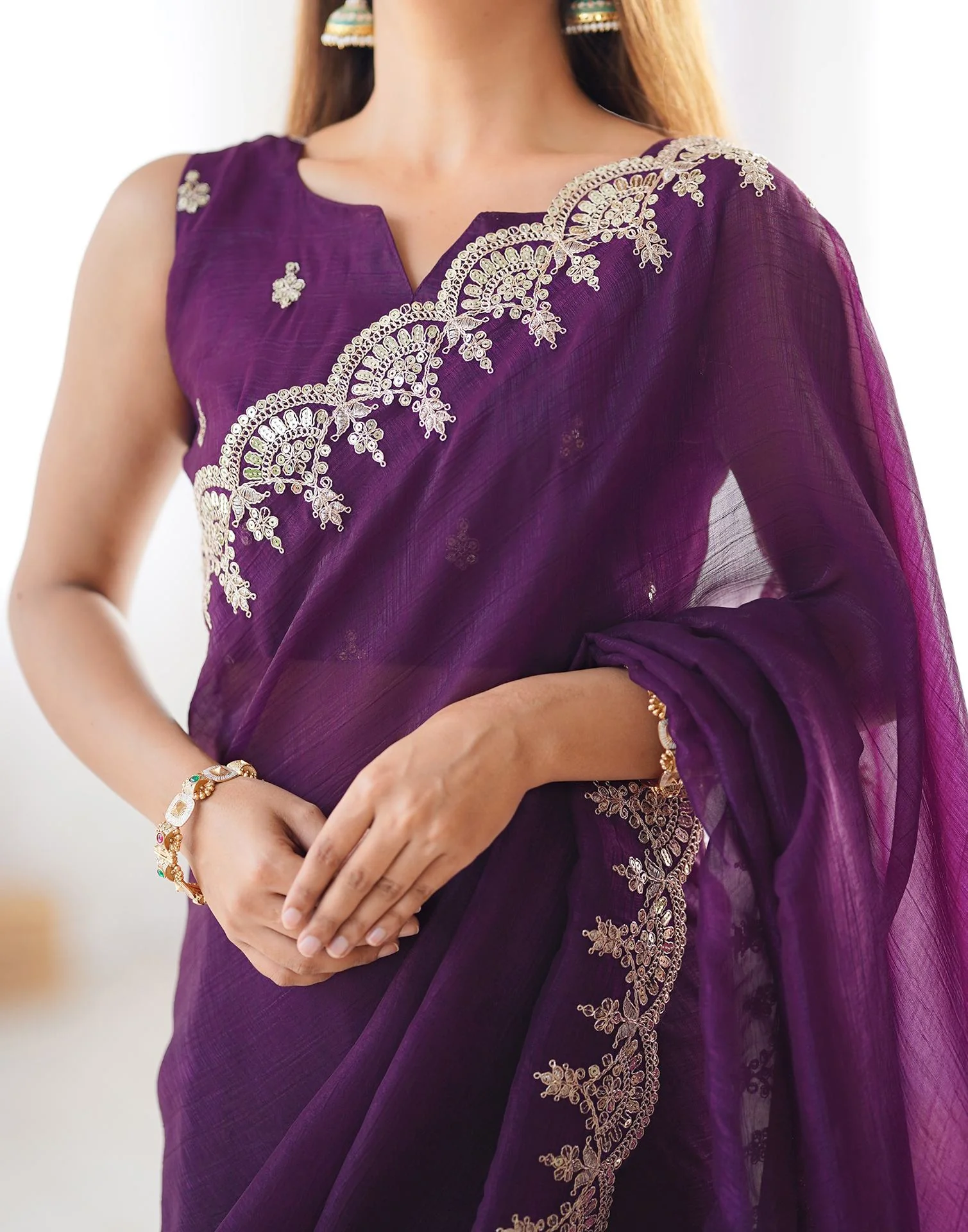Wine Shimmer Chiffon Sequence Embroidery Saree - Image 8