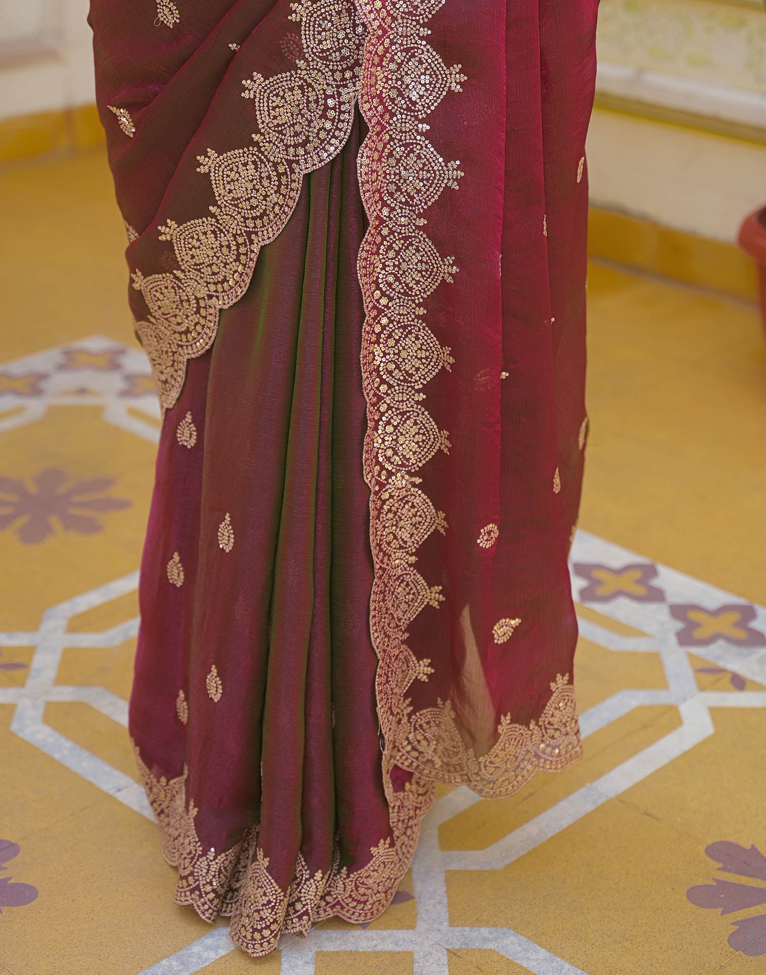 Wine Shimmer Chiffon Sequence Embroidery saree - Image 11