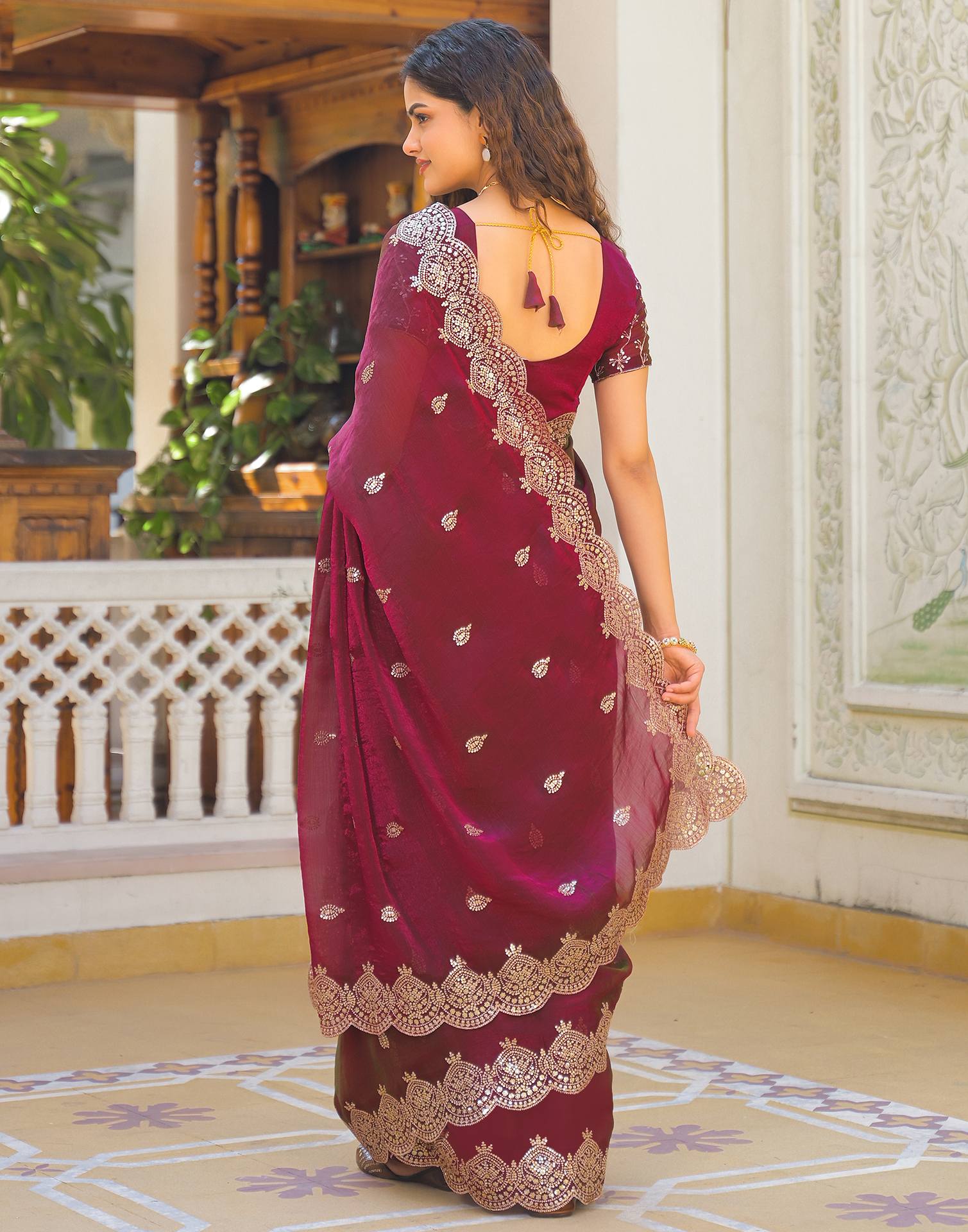 Wine Shimmer Chiffon Sequence Embroidery saree - Image 6