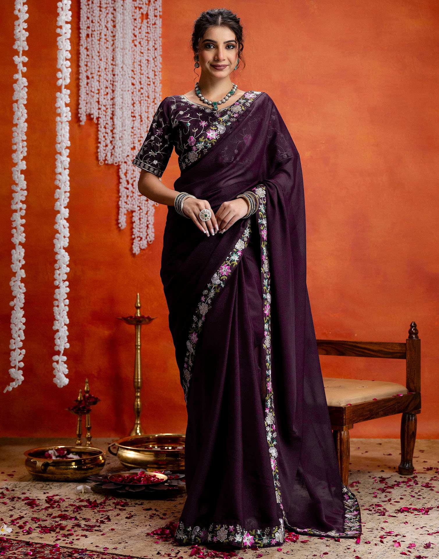 Wine Shimmer Embroidery lace Saree