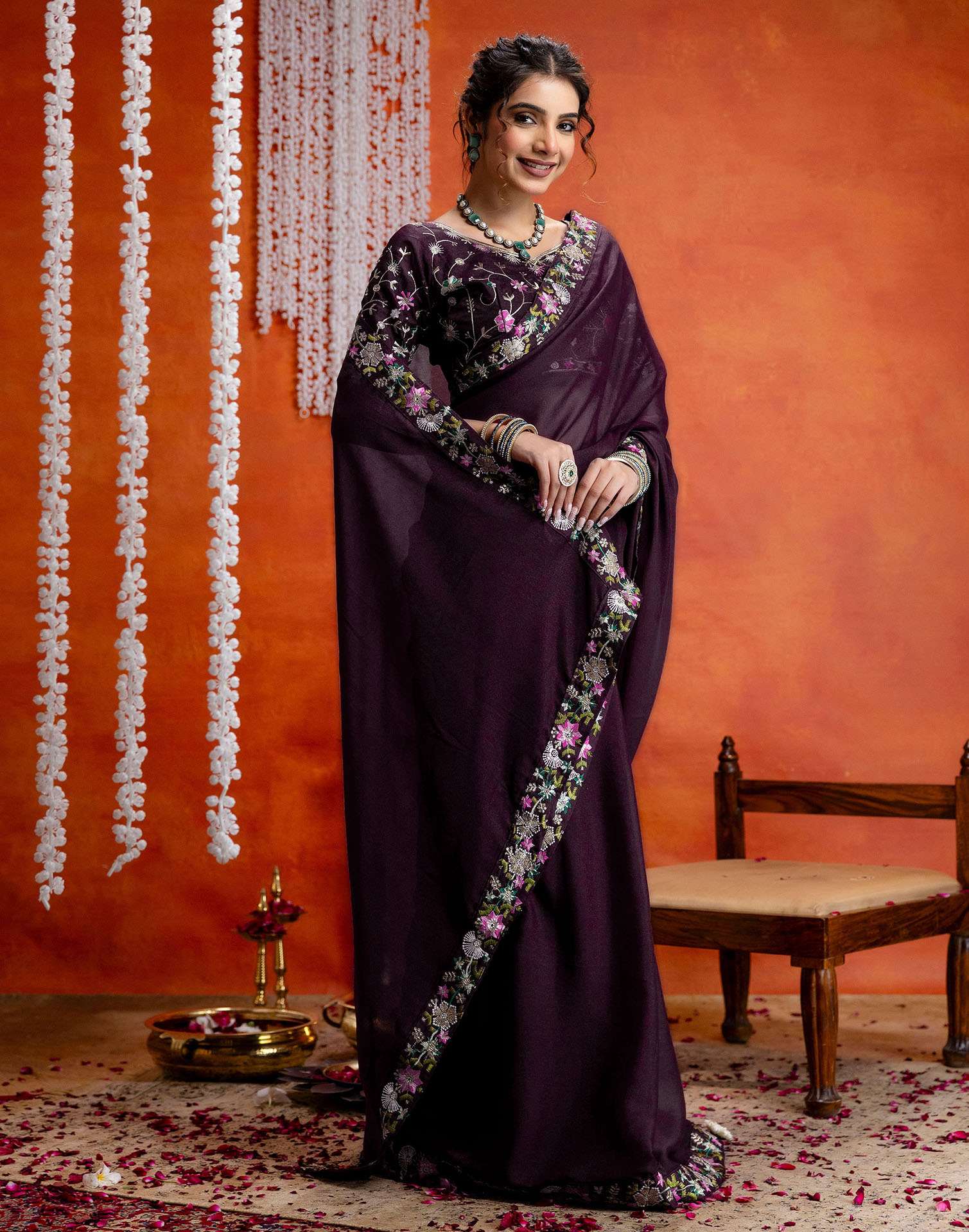 Wine Shimmer Embroidery lace Saree - Image 6