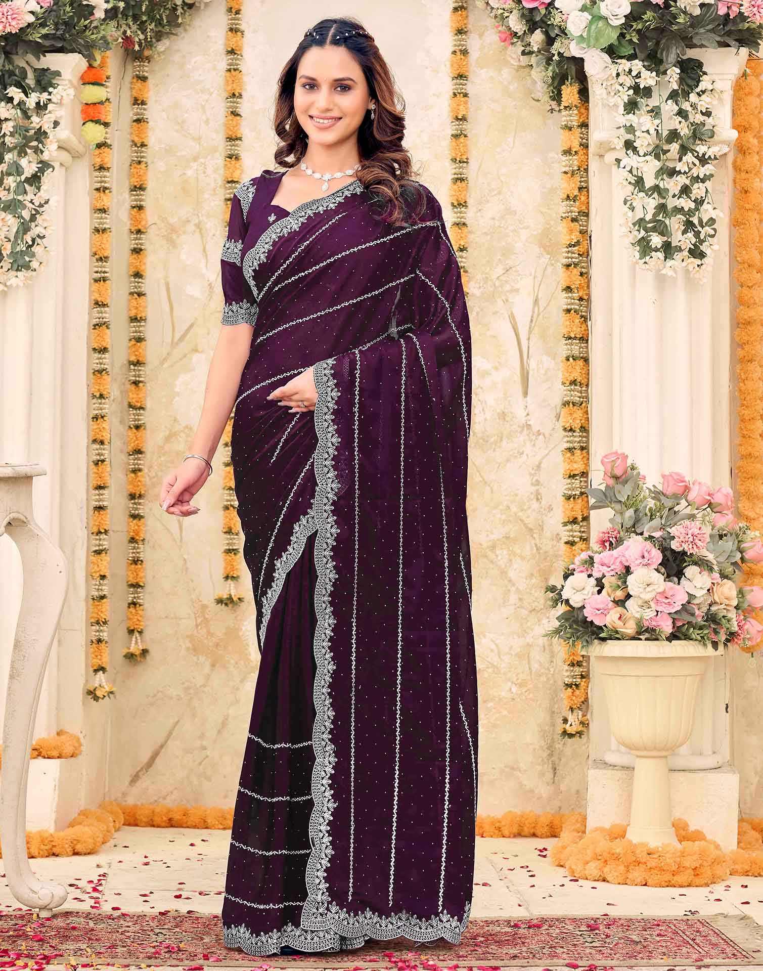 Wine Shimmer Georgette Embroidery Embellished Saree - Image 2