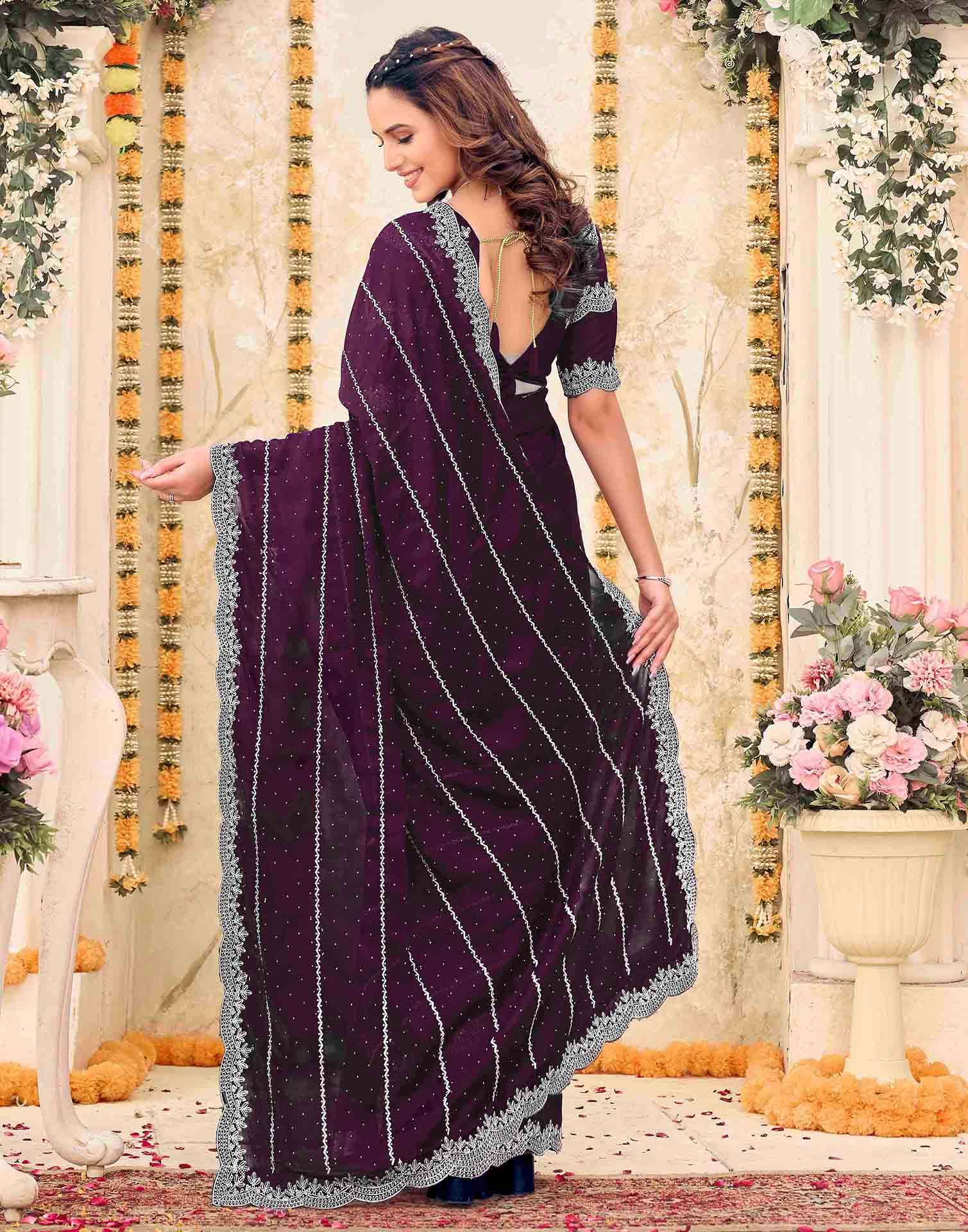 Wine Shimmer Georgette Embroidery Embellished Saree - Image 4