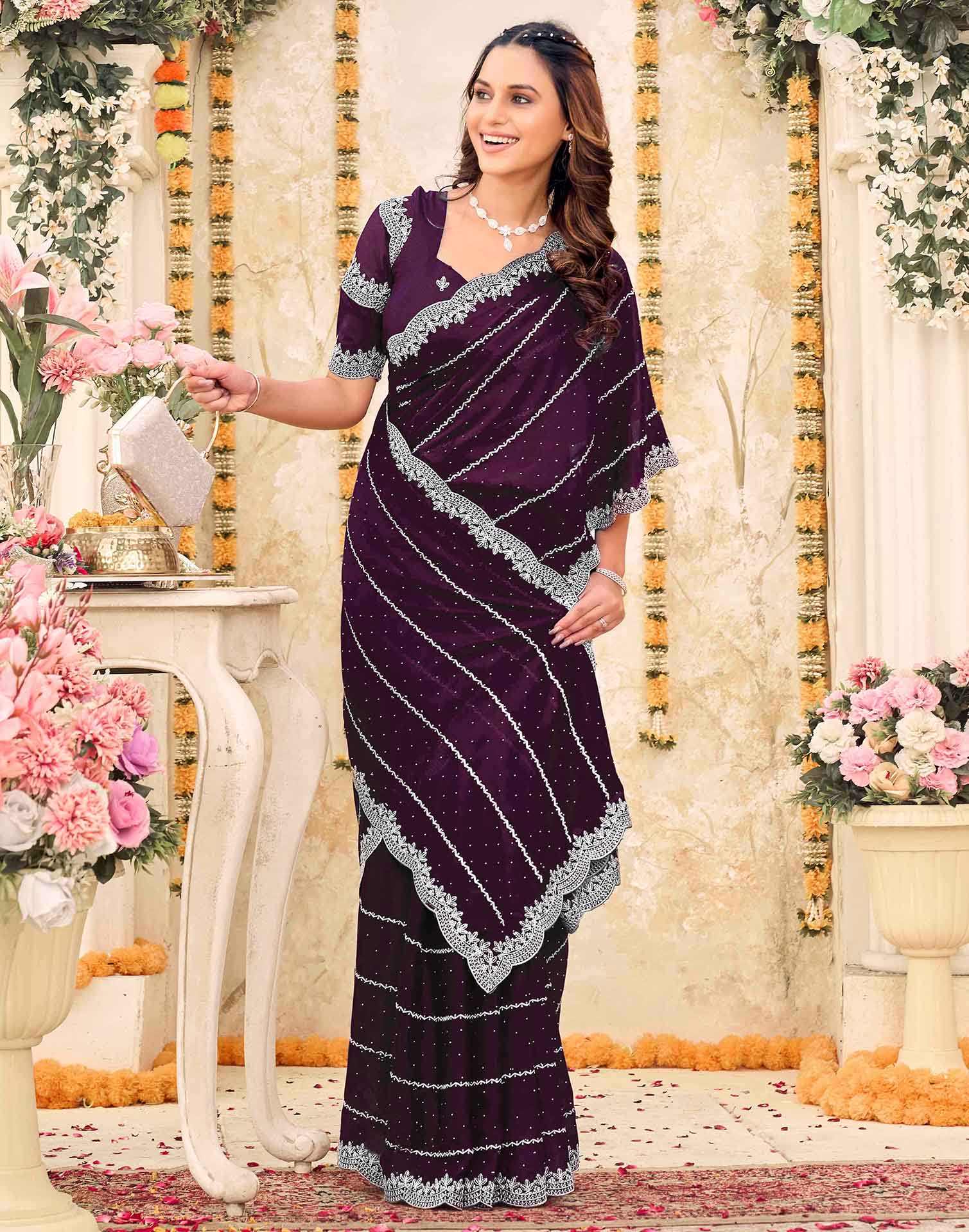 Wine Shimmer Georgette Embroidery Embellished Saree - Image 6