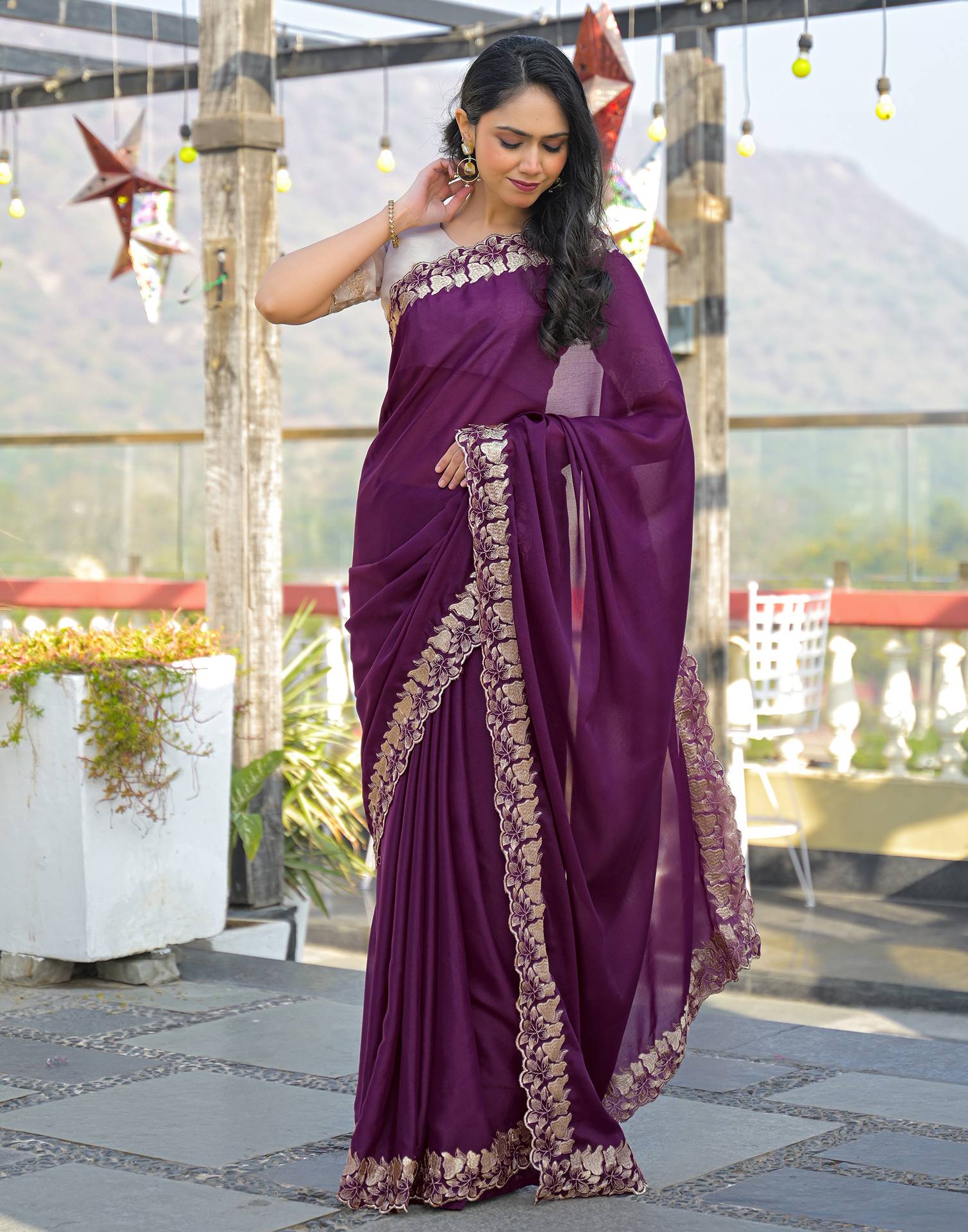 Wine Shimmer Georgette Embroidery Saree - Image 4