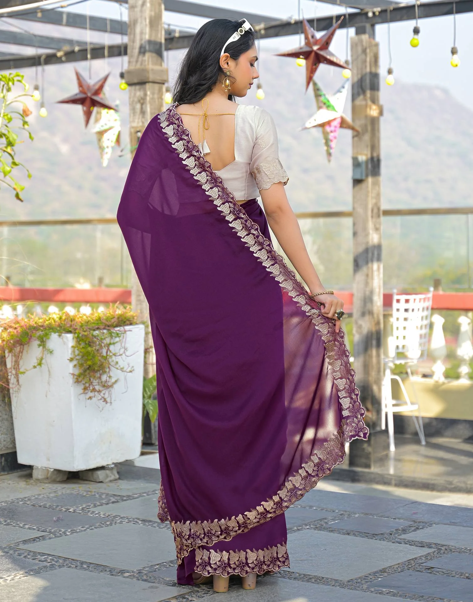 Wine Shimmer Georgette Embroidery Saree - Image 6