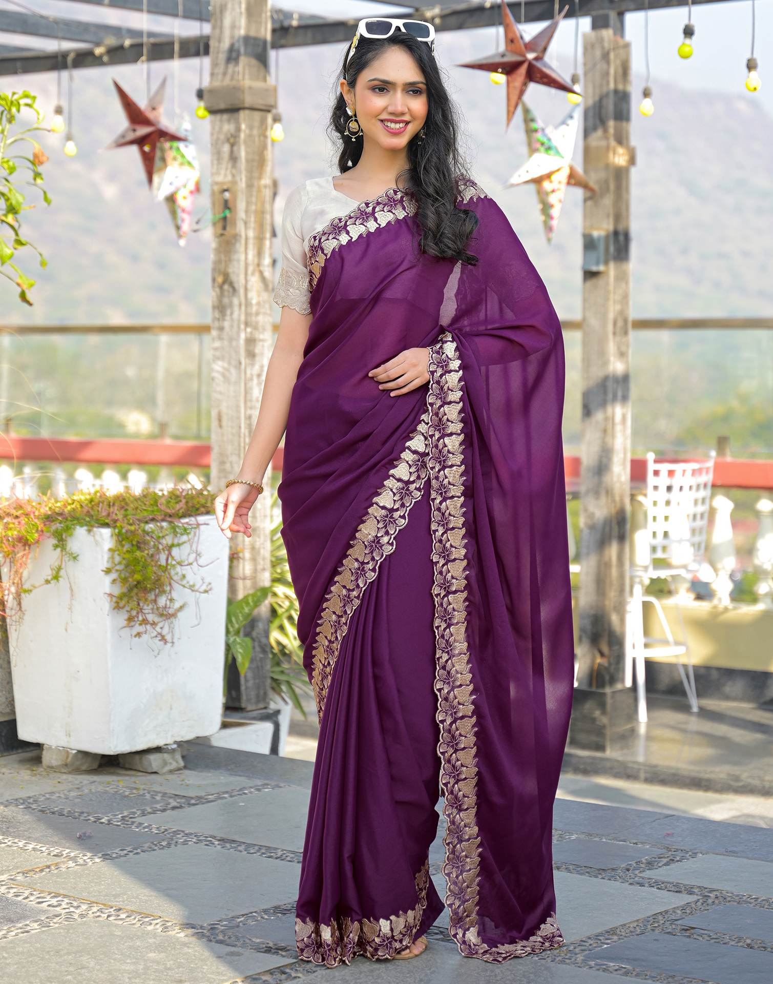 Wine Shimmer Georgette Embroidery Saree - Image 7